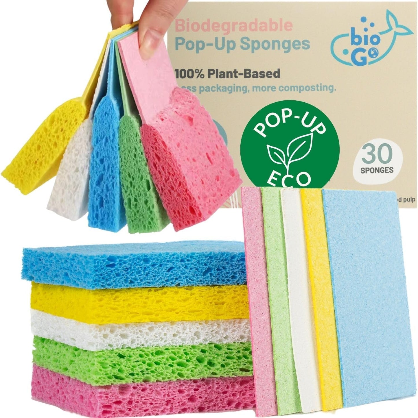 bioGo 30 Pack Compostable Pop-Up Sponges - Expanding, Non-Scratch, Plant-Based Dish Sponges - Bulk Color Sponges - Compostable Pop Up Sponge - Kitchen Pop Up Sponges