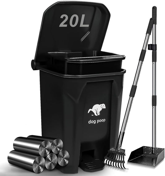 Dog Poop Trash Can Outside with Pooper Scooper, 20L/5Gal Dog Waste Trash Can with Lid, Pedal and Removable Inner Bin, Pet Poop Bin with Metal Rake & Tray and 100 Bags