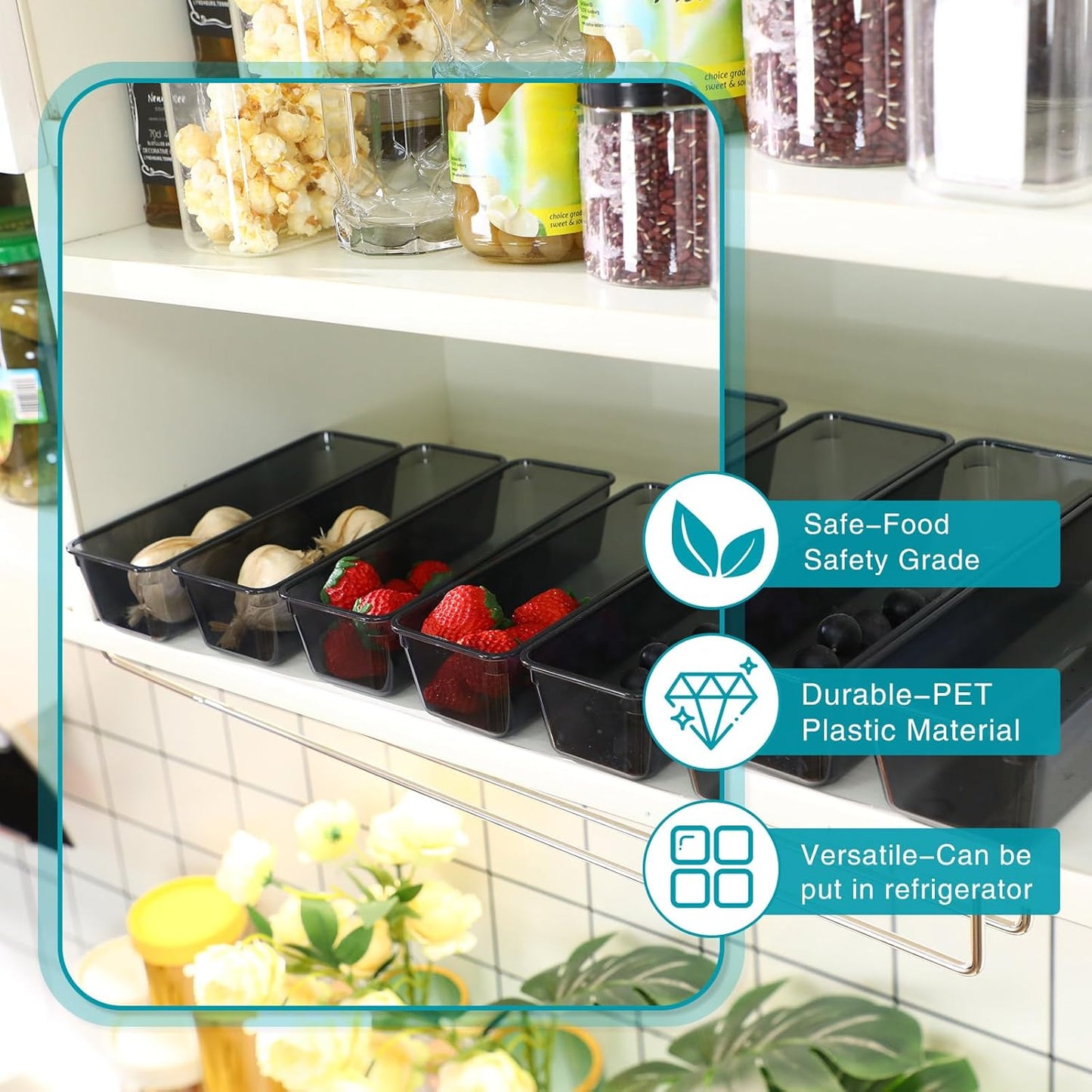 Maitys 12 Pcs Vanity Drawer Organizer 9 x 3 x 2 Inches Clear Plastic Utensil Organizers Kitchen Drawers Dividers for Office Desk Silverware Kitchen Utensils Cosmetics and Bathrooms(Black)