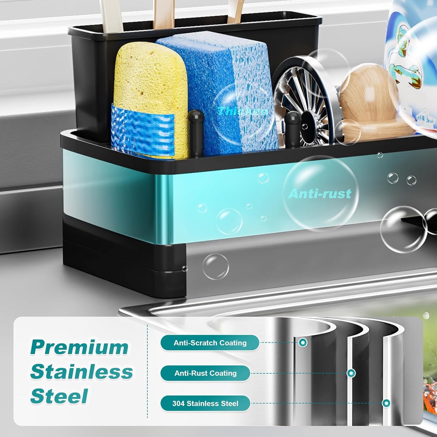Stainless Steel Sink Caddy, Sponge Holder for Kitchen Sink with Brush Holder & Dishcloth Rack, Rustproof Sink Organizer Countertop, Soap Dispenser Kitchen Organizers Storage Essentials, Black
