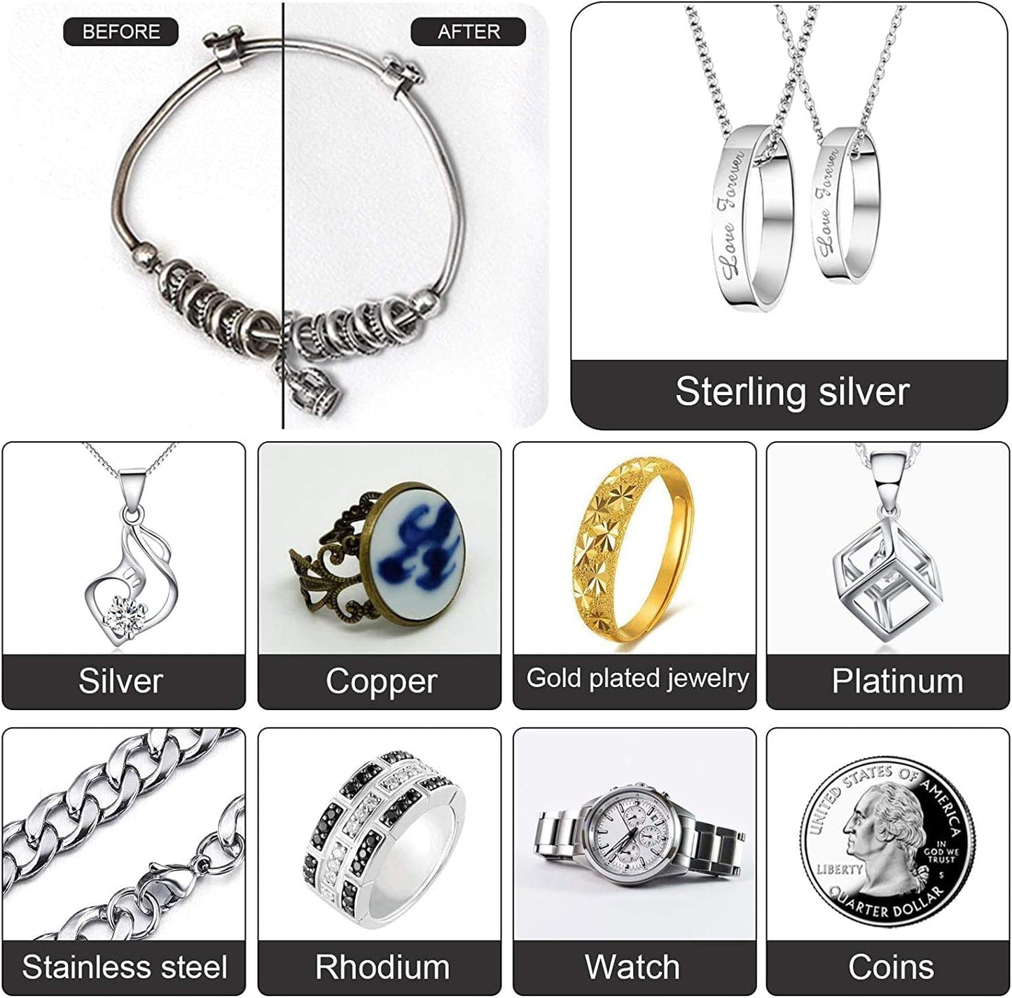 SEVENWELL Silver Polishing Cloth, Jewelry Cleaner Cloth for Sterling Silver Jewelry, Gold, Platinum, Silverware, Diamonds, Gemstones, Coins (2pcs Dark Gray and 2pcs Light Gray (Large))