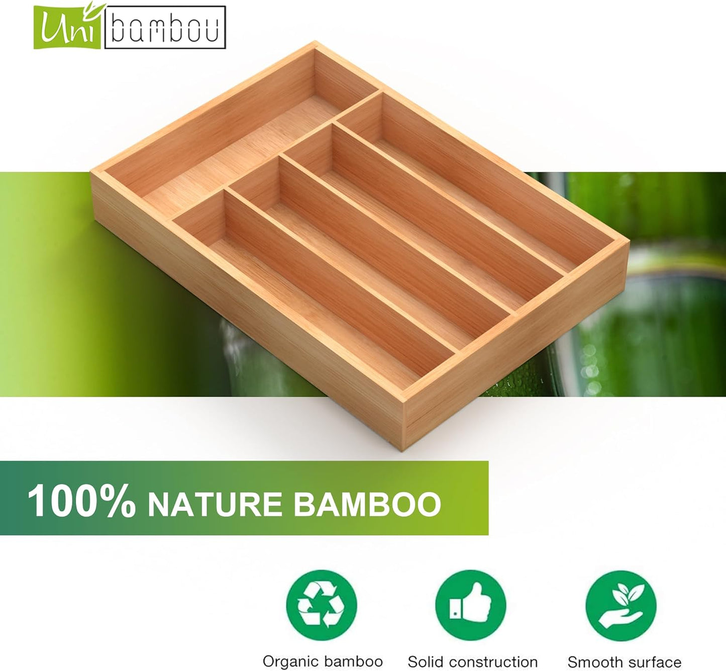Bamboo Utensil Drawer Organizer, Kitchen Organizer for Flatware Cutlery, Silverware Tray for Drawer (5 Slots, Natural)