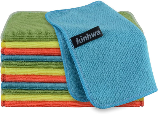 KinHwa Kitchen Washcloths for Dishes Absorbent Microfiber Dish Cloths Quick Dry Dish Rags with Poly Scour Scrub Side Ideal for Kitchen Cleaning (Mixing Colors #1, 7inch 12 Pack no net)