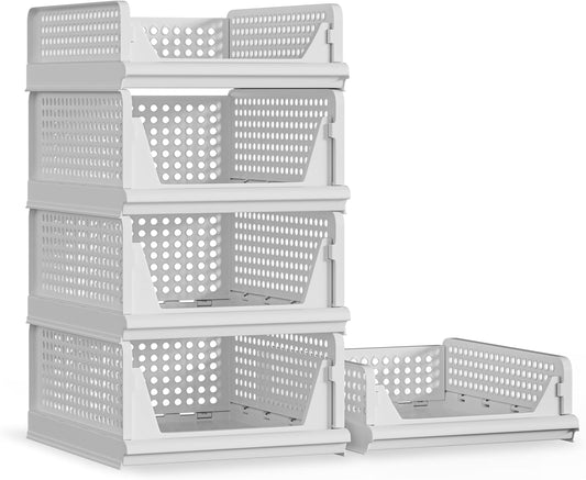 Proarea 5 Pack Stackable Plastic Storage Basket Closet Organizer Bin Foldable Clothes Organizer Storage Drawer Shelf Container for Living room Bathroom Kitchen Office (3L+2S)