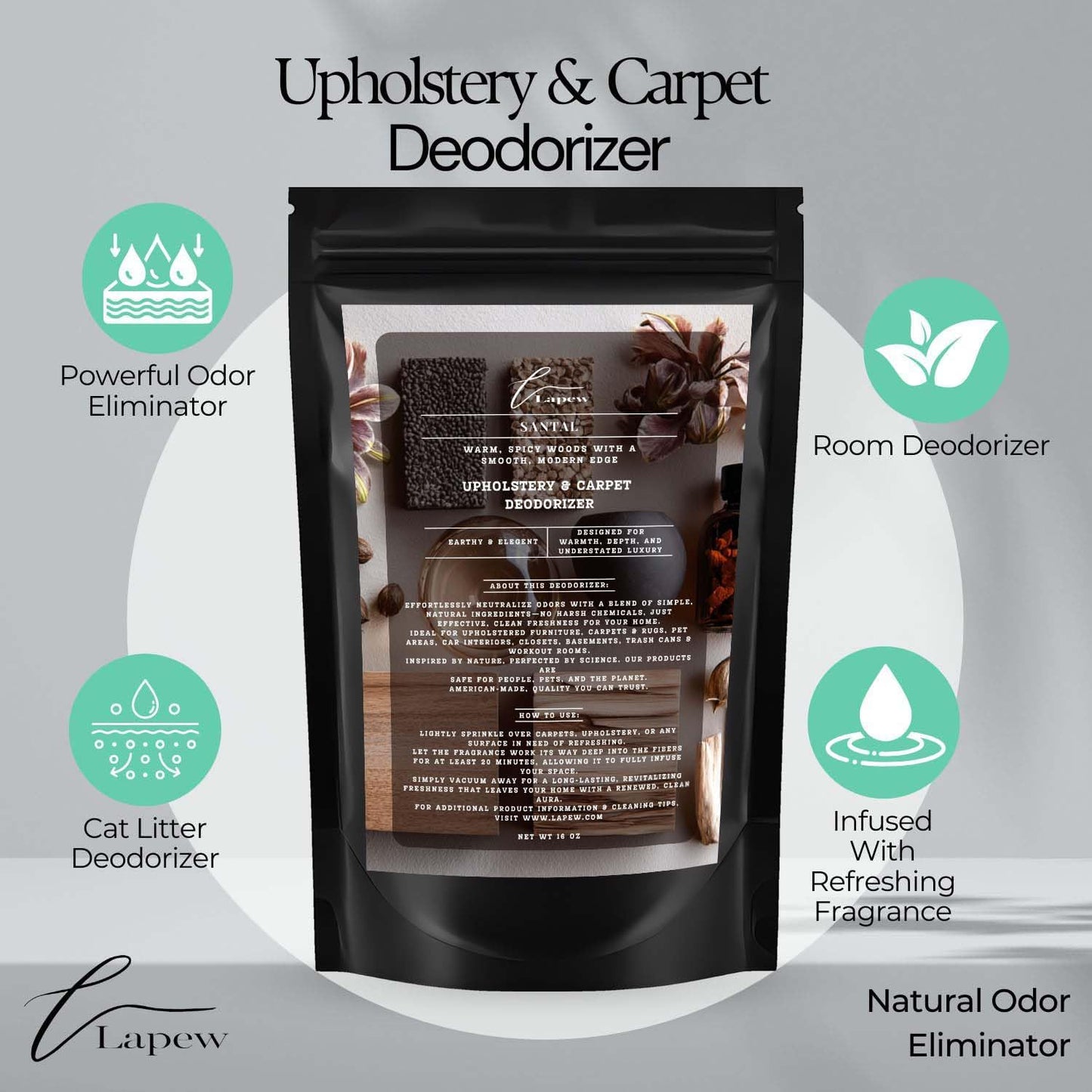 Santal Carpet Freshener Powder: Powerful Odor Eliminator for Home, Upholstery Deodorizer, Carpet Deodorizer, Pet Urine, Cat Litter Box - Santal Fragrance