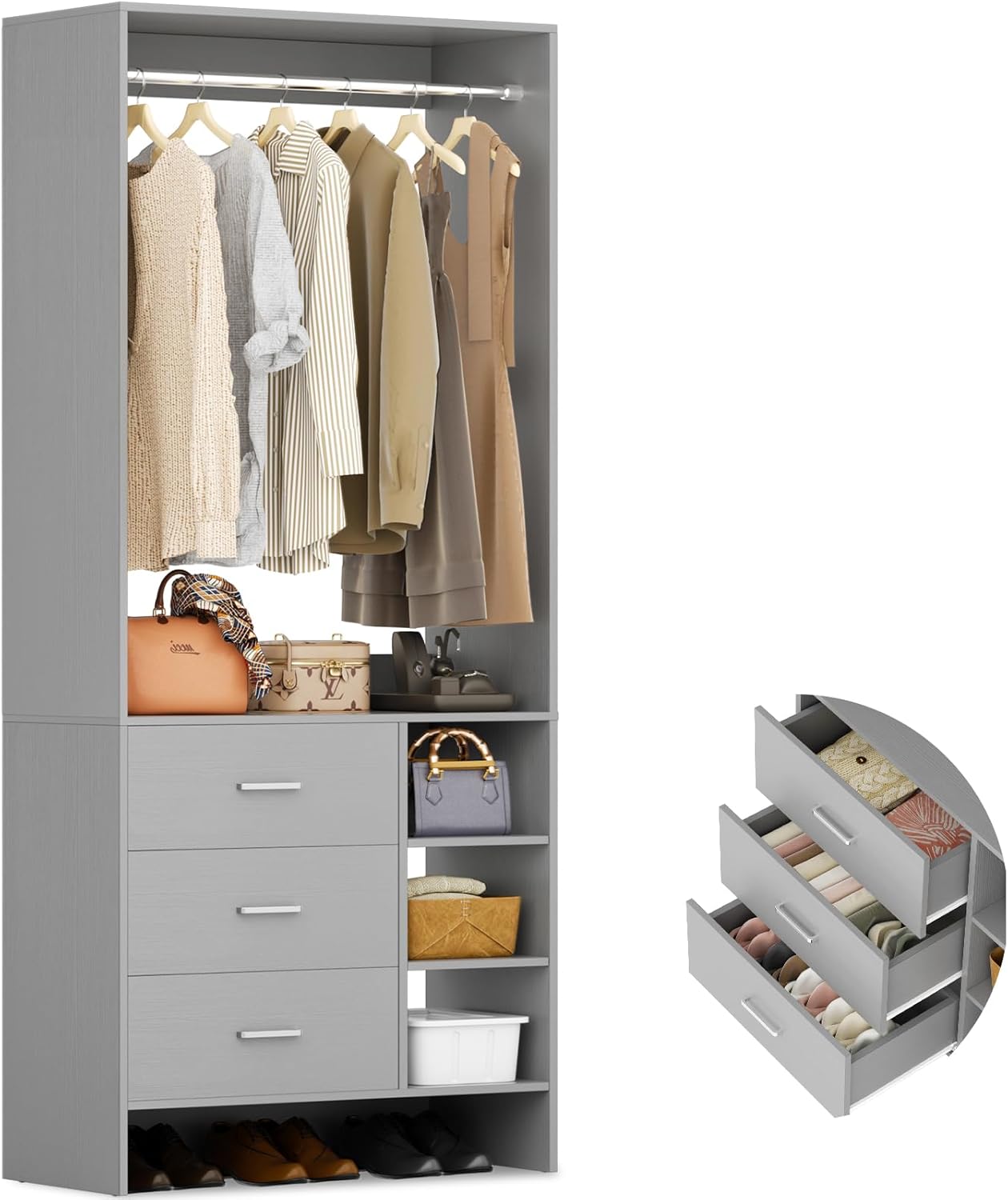 Aheaplus 2.5FT Closet System with 3 Drawers, 29.5’’ Closet Organizer, Wood Closet Organizer System, Walk-in Closet or Small Closets Wardrobe, Clothes Rack with Hanging Rods,-E6, Grey