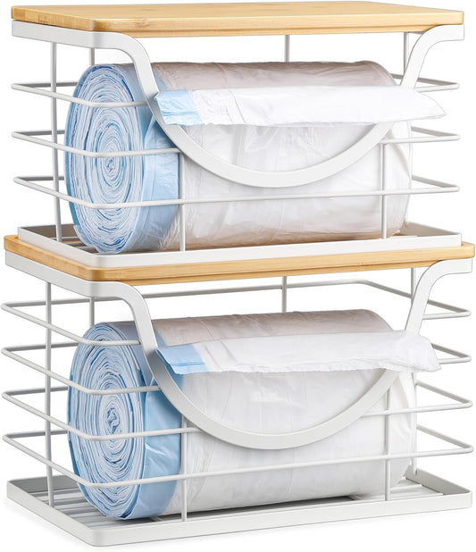 Extra Large Trash Bag Holder Stackable Kitchen Storage White, 2 Pack Wall Mounted Pantry Organizers and Storage with Bamboo Top, Garbage Bag Dispenser Under Sink for Laundry Room and Kitchen