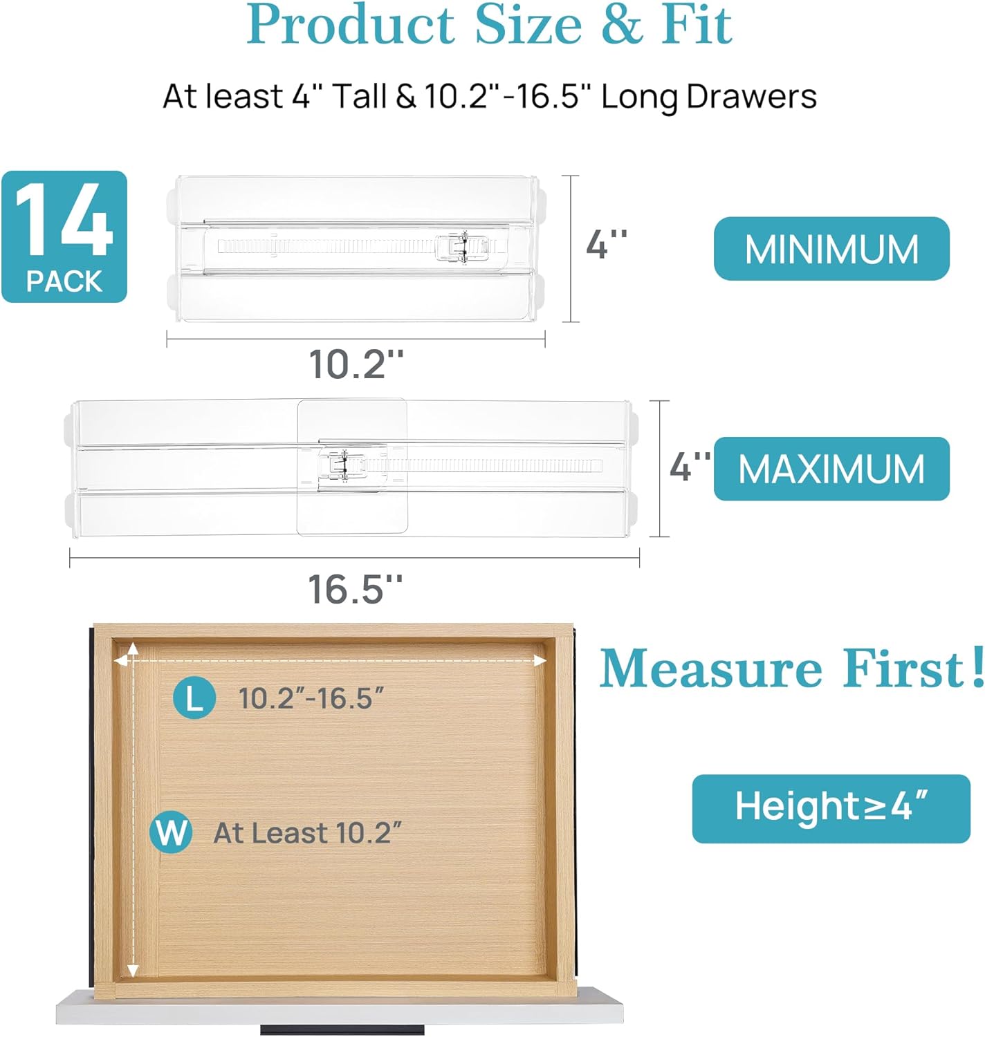 Vtopmart 14 Pack Drawer Dividers for Clothes, 4" High 10.2"-16.6" Adjustable Expandable Dresser Drawer Organizer, Clear Plastic Separators for Dresser, Baby Clothing, Underwear, Cosmetic, Toiletries