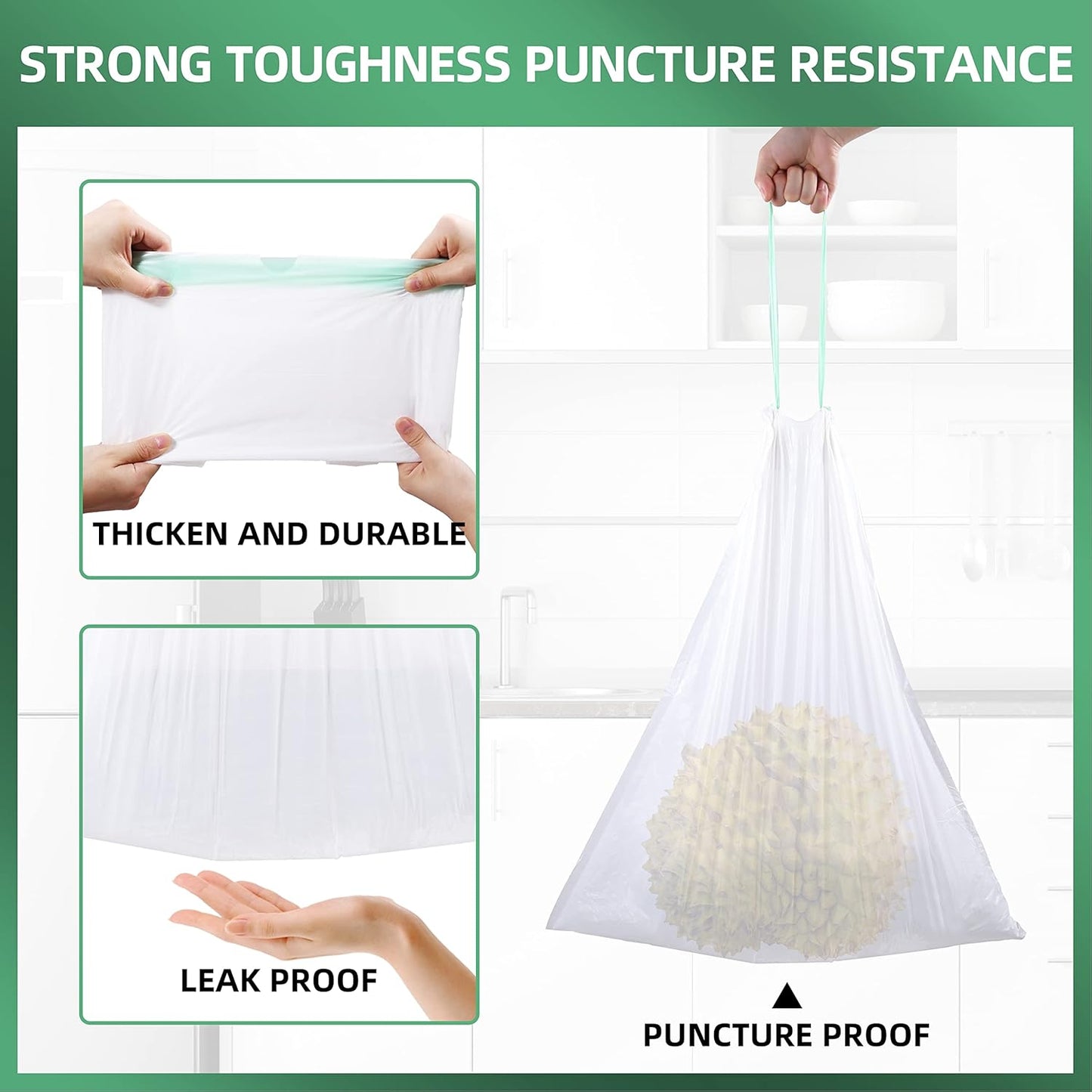 8 Gallon Trash Bag 120 Count, Unscented Strong Drawstring Garbage Bag Fit 30 Litter Trash Can, for Kitchen, Bathroom, Bedroom, Office ( Green )