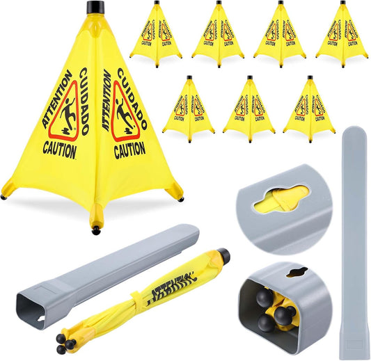8-Packs Wet Floor Signs 20 Inch, Pop UP Bilingual Yellow Caution Wet Floor Sign with Wall Mounted