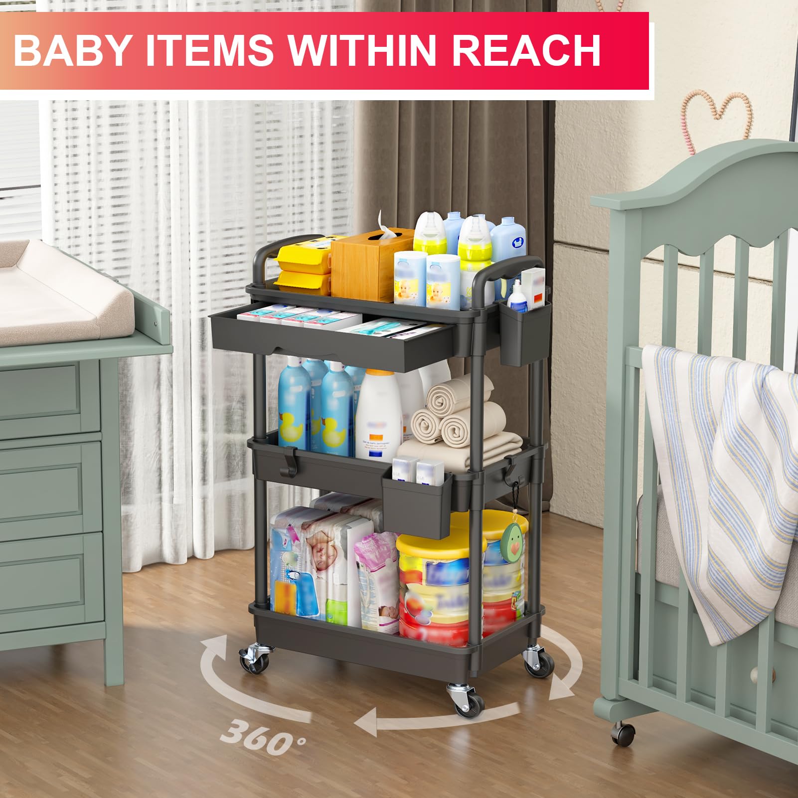Goovilla 3 Tier Rolling Utility Cart Organizer with Removable Drawer, Black
