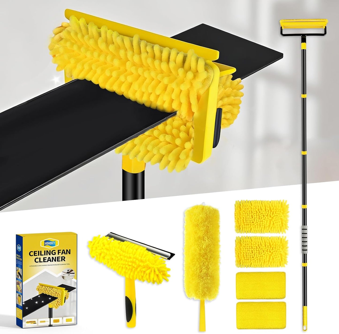 High Ceiling Fan Cleaner Duster for Fans Blades Cleaner with 78.7in Extension Pole Extra Long Handle Cleaning Tool，Reusable Chenille & Microfiber Mop Head for Baseboard Wall Floor Window Glass Wiper