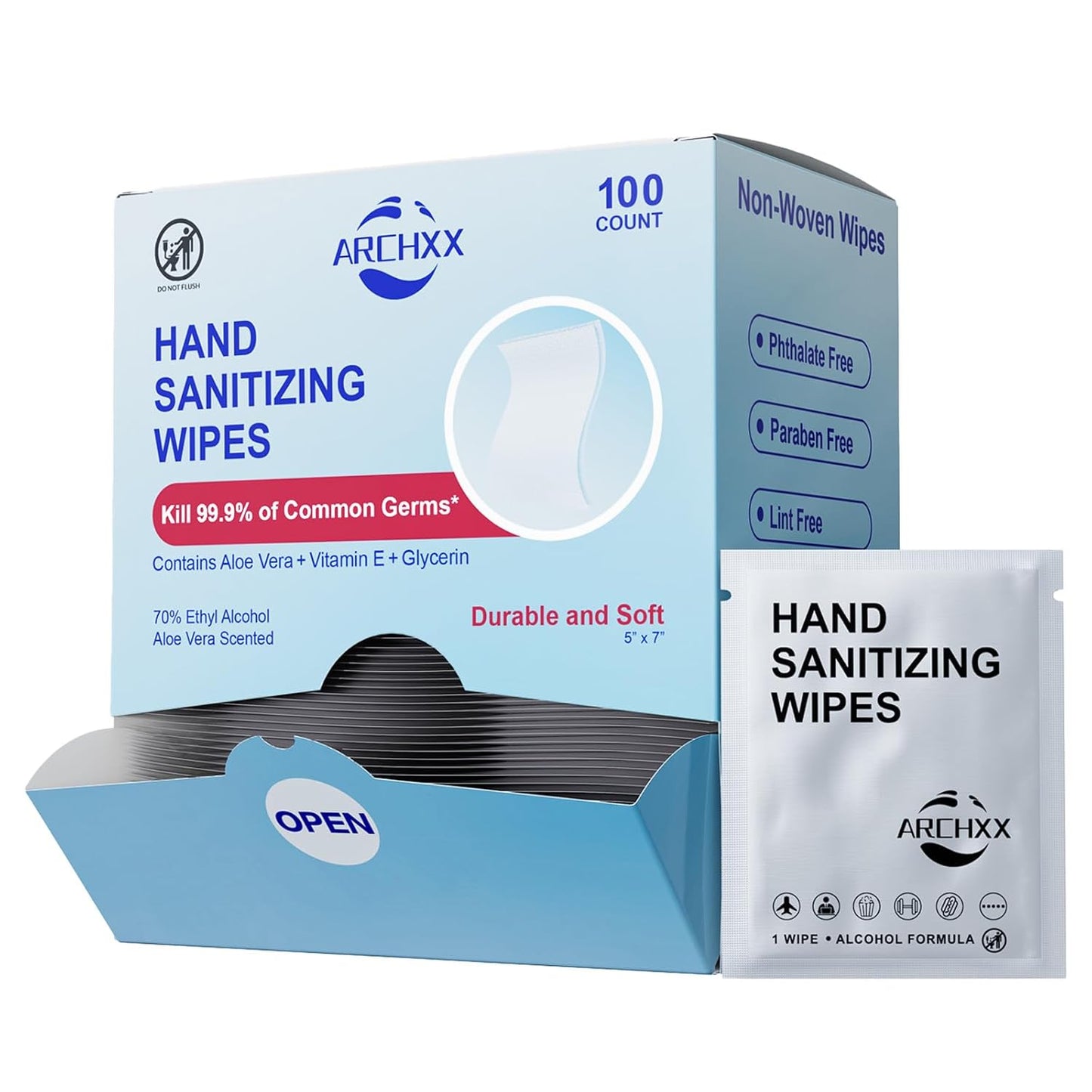 Premium Hand Sanitizing Wipes, 100 Count Non-Woven Wet Wipes Travel Size, Aloe Vera Scent, 70% Alcohol, Individually Wrapped, for Home, Office & Outdoor, Drawstring Bag Included