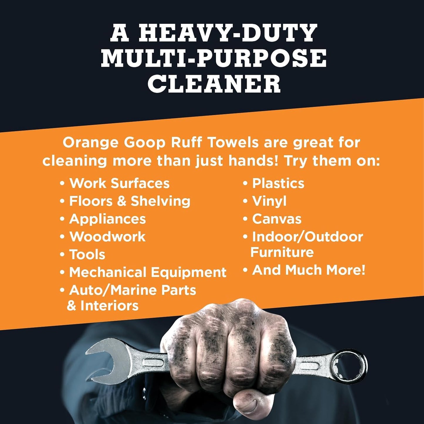 GOOP Orange Heavy Duty Ruff Towels with Scrubbing Power, 10” x 12” Dual Textured Multi-Purpose Cleaning Wipes, Removes Dirt, Grease, Oil, 72 Count (Pack of 2)