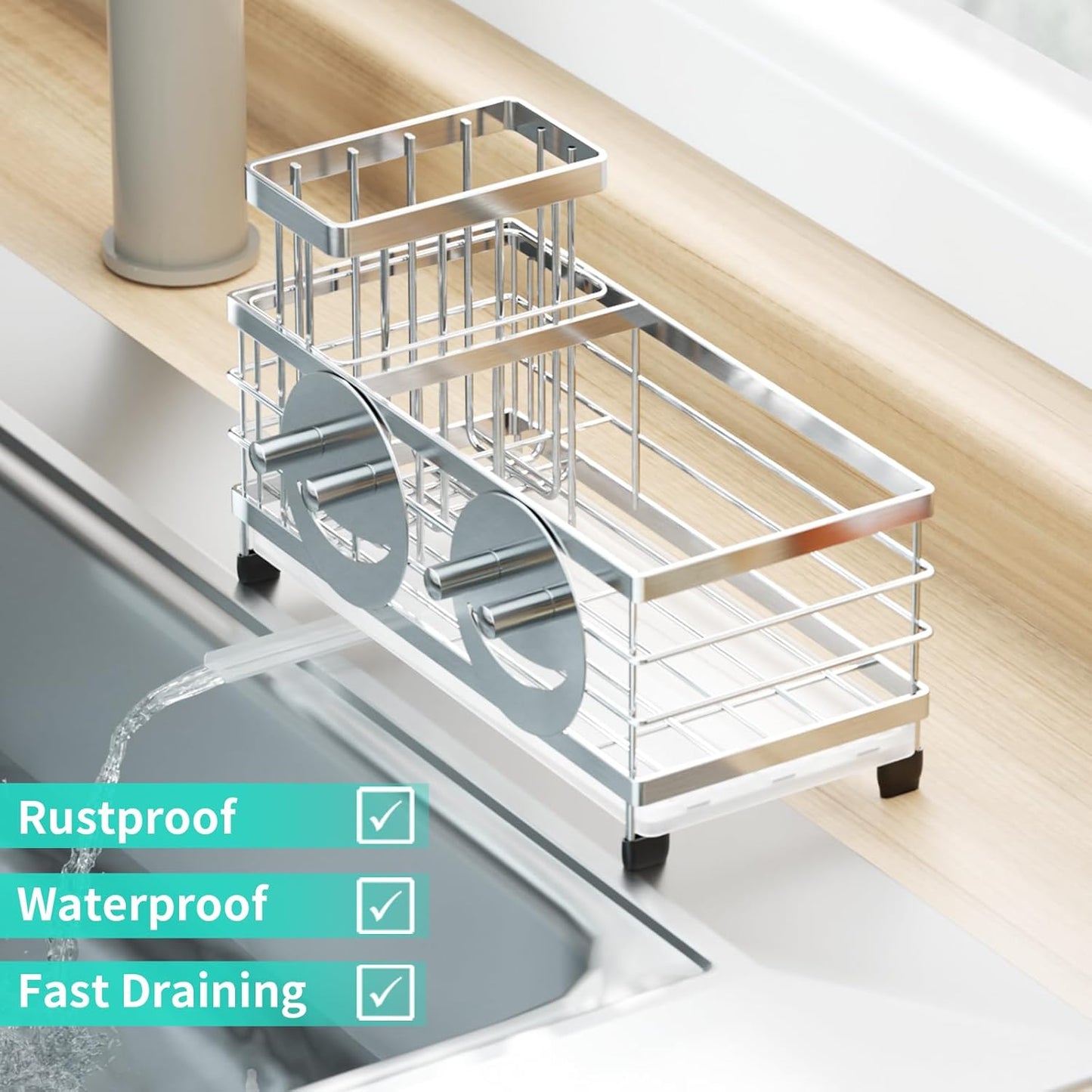 HapiRm Sink Caddy Sponge Holder - Self-draining Kitchen Sink Organizer with Smiley Face and Brush Holder, Stainless Steel Kitchen Sponge Caddy for Countertop - Silver