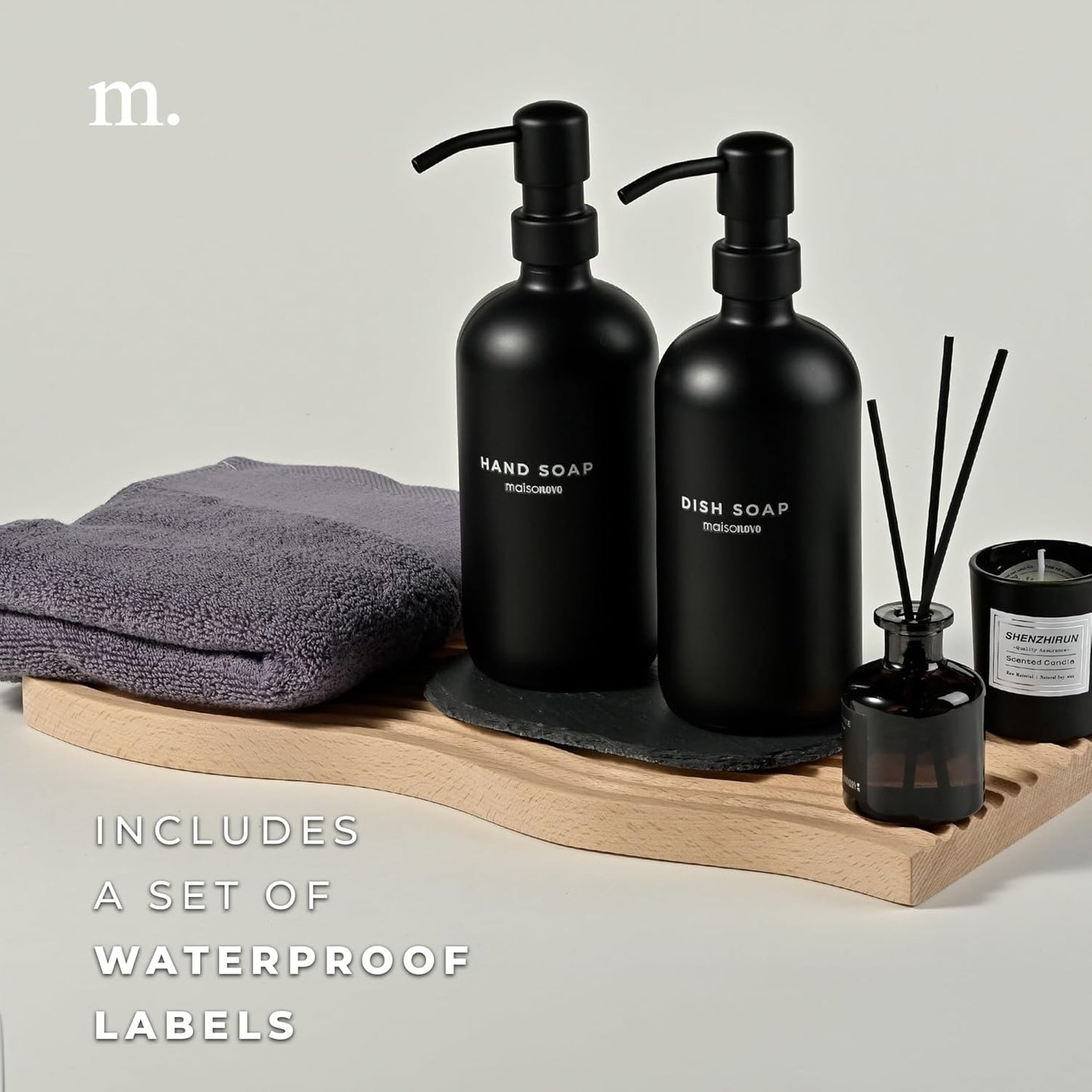 MaisoNovo Soap Dispenser 3-Piece Set | 16.9oz Black Bottles with Black Stainless Steel Pumps