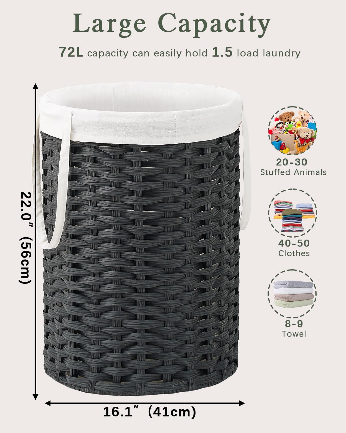 Laundry Hamper Laundry Basket Round 19.0 Gal (72 L) Handwoven Rattan Laundry Basket, Large Wicker Laundry Hamper with Removable Laundry Bag Handles 2 Mesh Bags for Bathroom Living Room Black