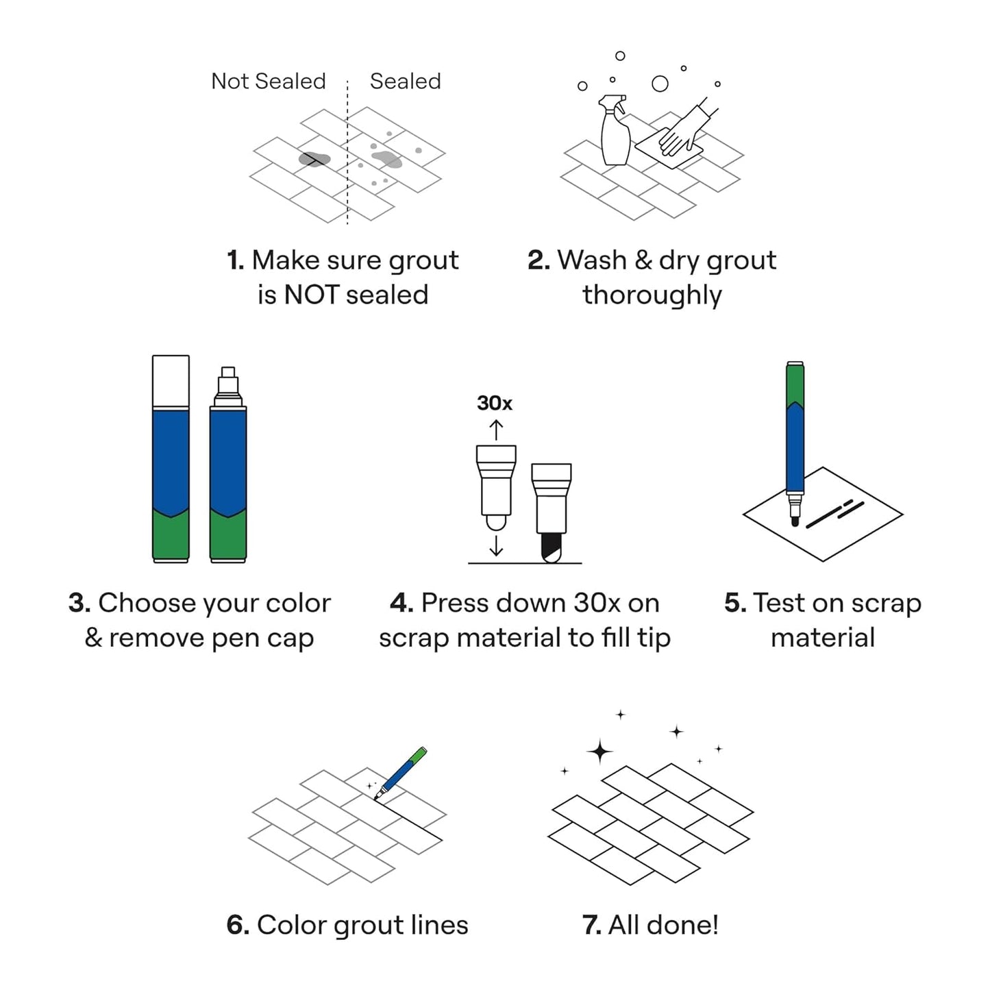 Grout Pen Light Grey Tile Paint Marker: Waterproof Grout Paint, Tile Grout Colorant and Sealer Pen - Narrow 5mm, 2 Pack with Extra Tips (7mL) - Light Grey