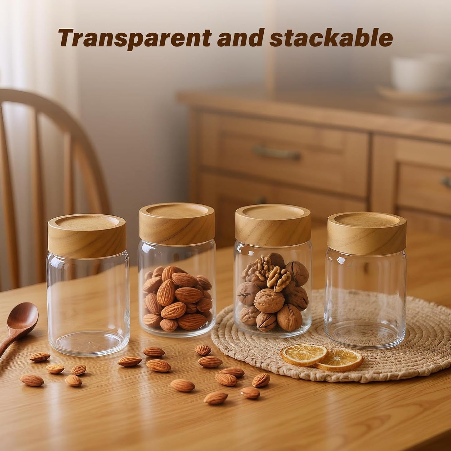 6pc Glass Mason Jars with Acacia Wood Airtight Lids - Overnight Oats & Food Storage Container Set, Clear Stackable Leakproof Kitchen Canisters for Meal Prep/Snack Organization/Spice Storage
