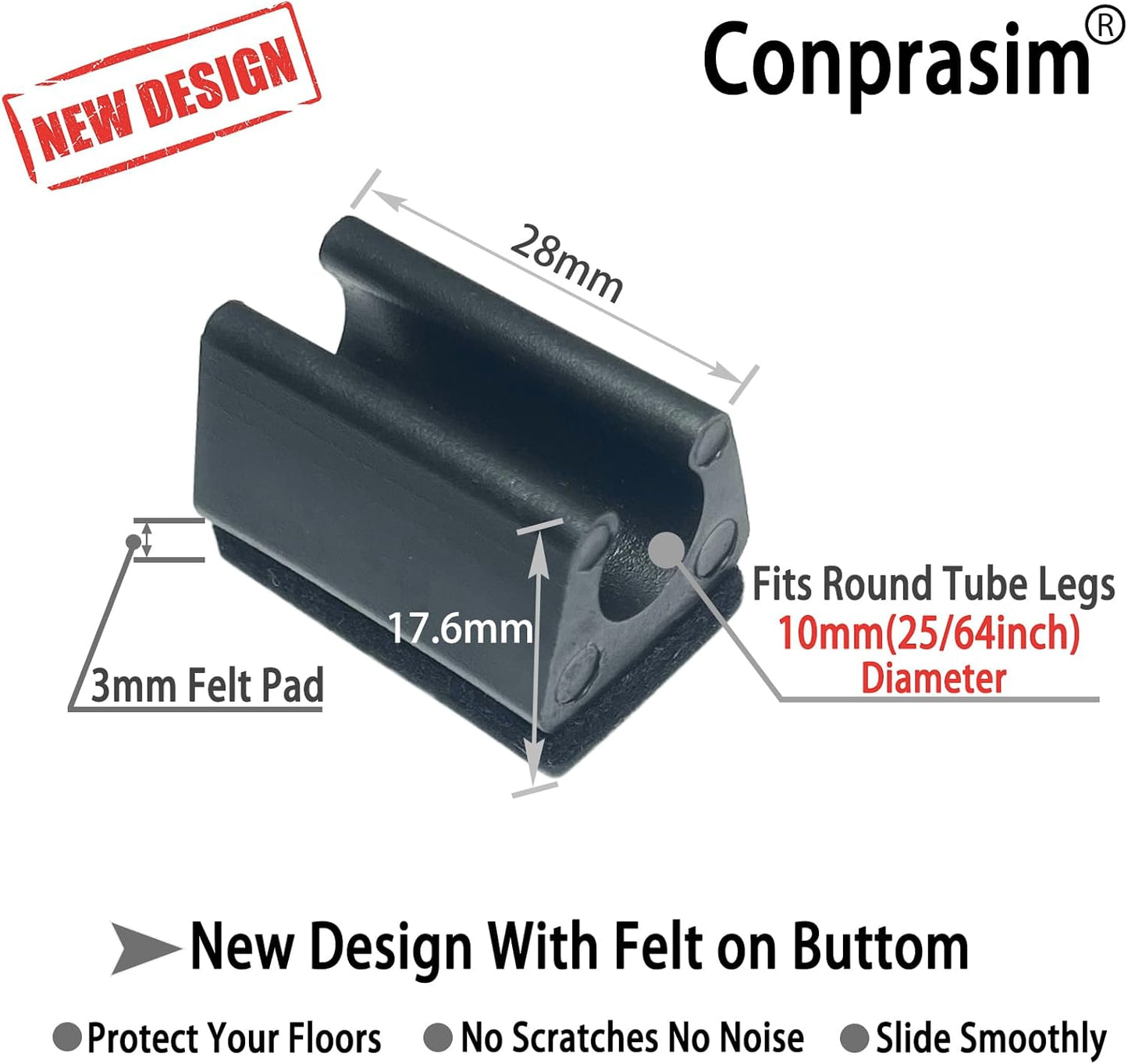 Rectangle U Shaped Chair Leg Tips Caps with Felt Pads,Furniture Feet Protector Slide Smoothly Glides No Scratches No Noise Protect Hardwood Floor,Fit 10mm(25/64inch) Diameter Tubular Leg (Black 24PCS)