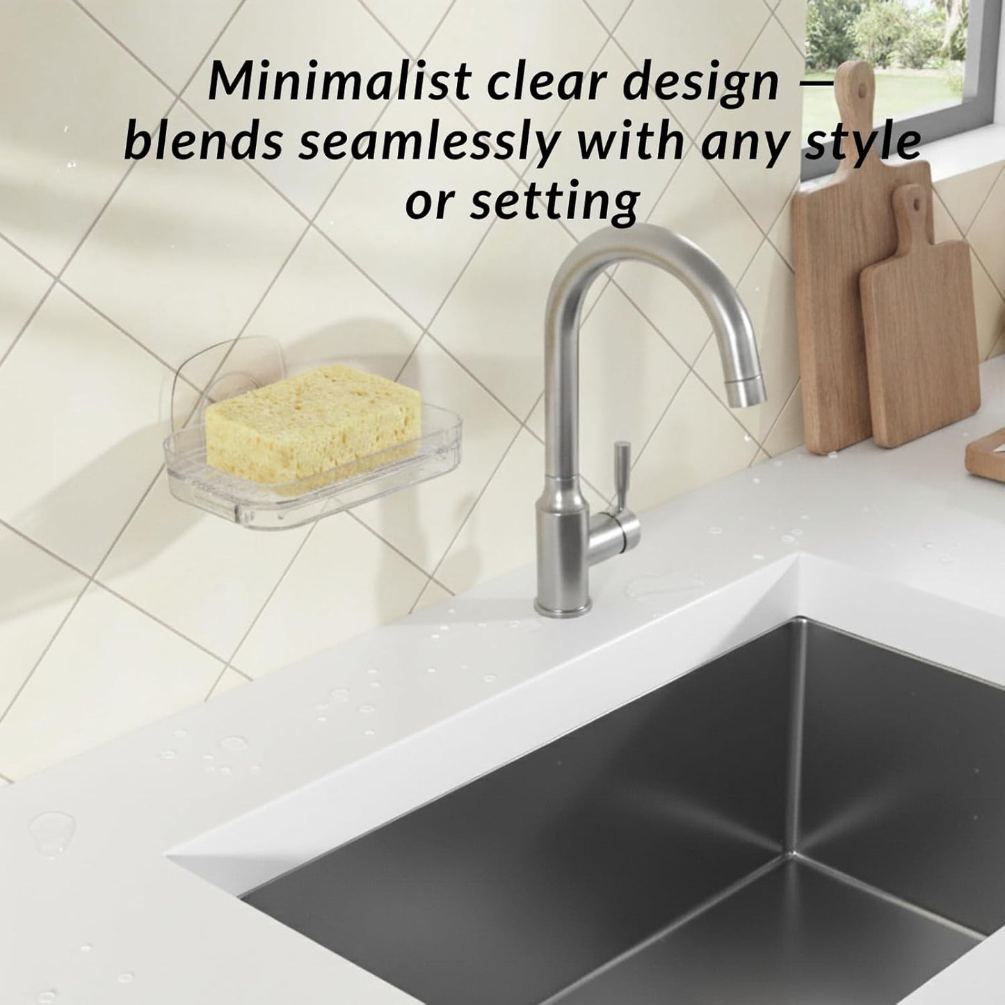 Toro Adhesive Sponge Holder for Kitchen Sink with Drain Tray, Clear PET Wall-Mounted Sponge Caddy