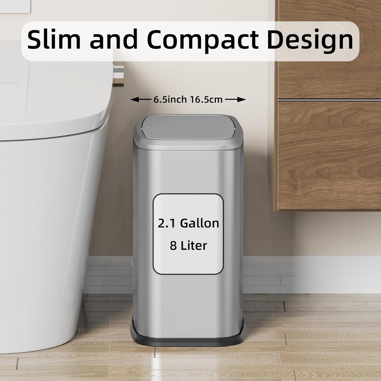 8L/2.1 Gal Small Bathroom Trash Can with Lid, Swing-Top Rectangular Waste Bin, Stainless Steel Garbage Can for Home, Office, Toilet, Bedroom, Living Room (Silver)