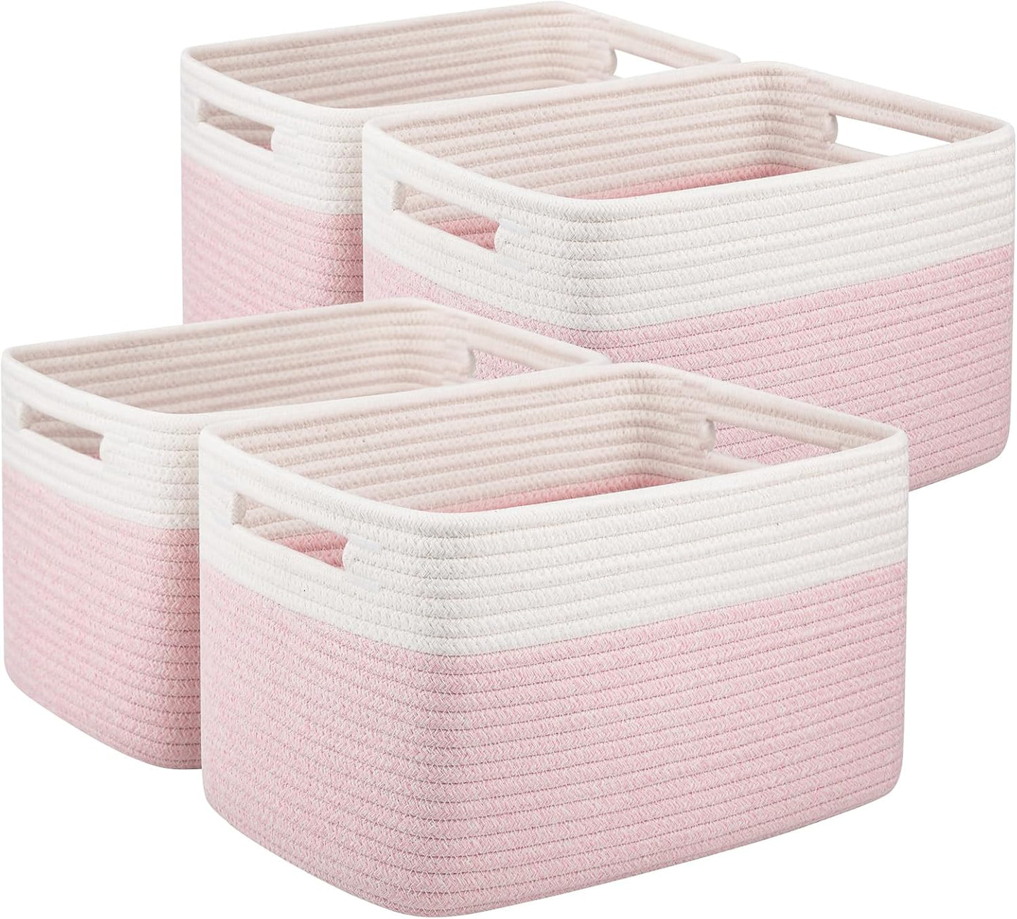 OIAHOMY 4 Pack Storage Baskets for Organizing, Basket for Shelves with Handle, Woven Baskets for Storage Toys, Towels, Books, Cotton Rope Basket 13" L x 9 " W x 7.8 " H, Pink & White