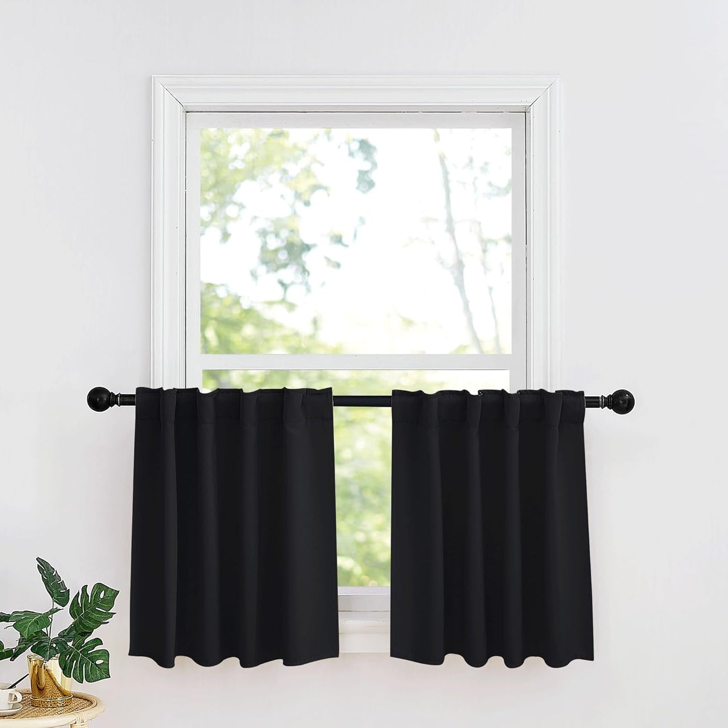 RYB HOME Small Window Curtains - Blackout Insualting Privacy Curtains for Kids Bedroom Kitchen Bathroom Basement Cafe Cabinet Tiers Drapes, 34 Width x 24 Length, 2 Panels, Black