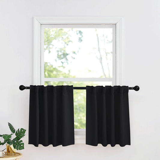 RYB HOME Small Window Curtains - Blackout Insualting Privacy Curtains for Kids Bedroom Kitchen Bathroom Basement Cafe Cabinet Tiers Drapes, 34 Width x 24 Length, 2 Panels, Black