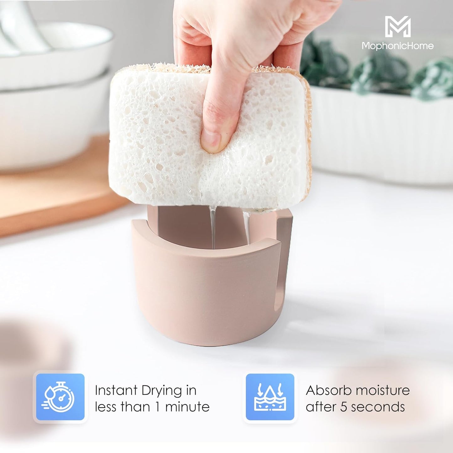 MOPHONICHOME Sponge Holder, Stone Sponge Holder For Kitchen Sink - Diatomite Kitchen Sink Caddy, Quick Dry, Super Absorbent, Modern Design, Brown