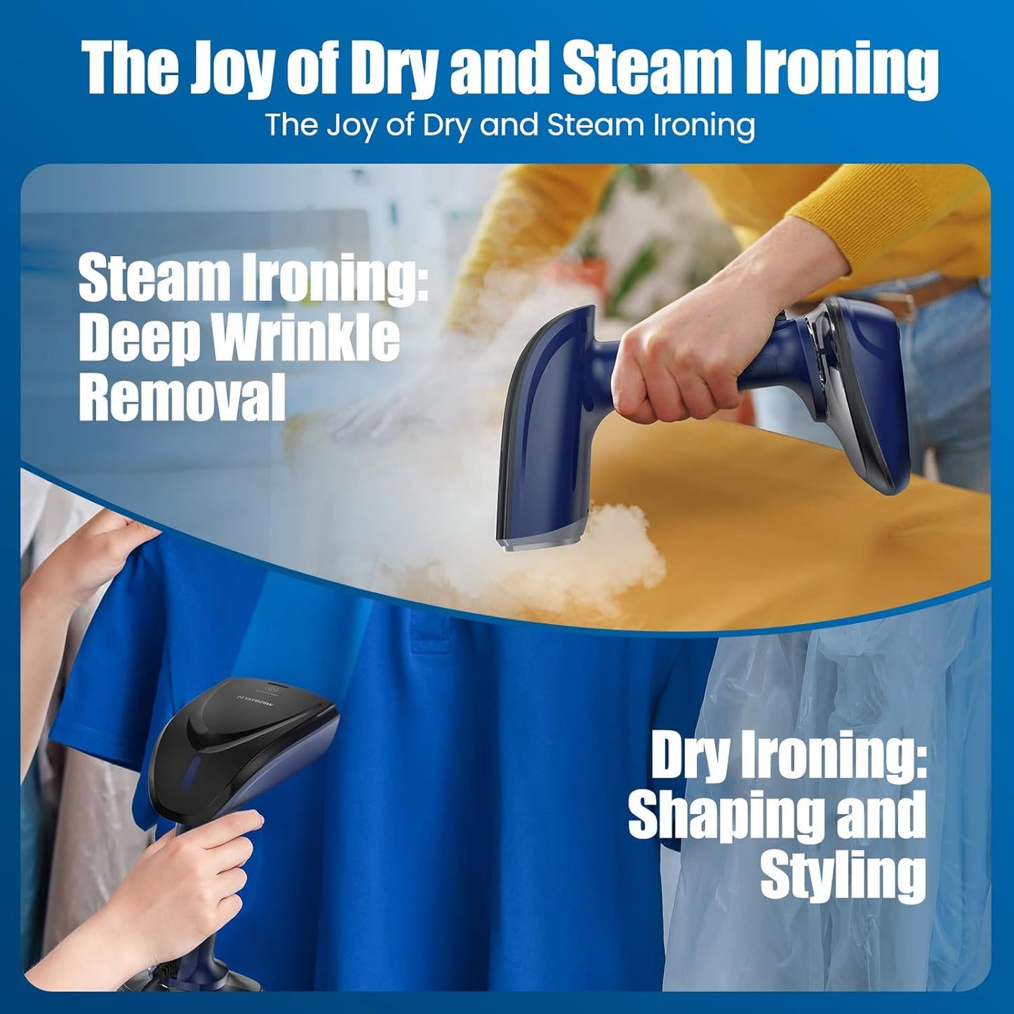 Powerful Handheld Fabric Steamer - 1800W with Fast Ceramic Heat-Up Plate, 2-in-1 Ironing & Wrinkle Remover, Steam Nozzle, Lint Brush - Blue, for US 120V Only