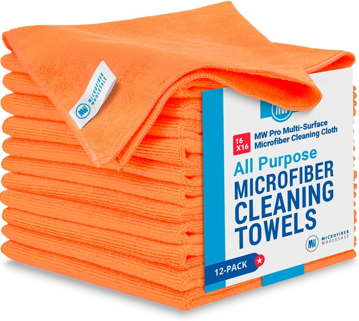 MW Pro Microfiber Cleaning Cloth | Orange | 12 Pack | 16” x 16” | All Purpose Microfiber Towels - Clean, Dust, Polish, Scrub, Absorbent