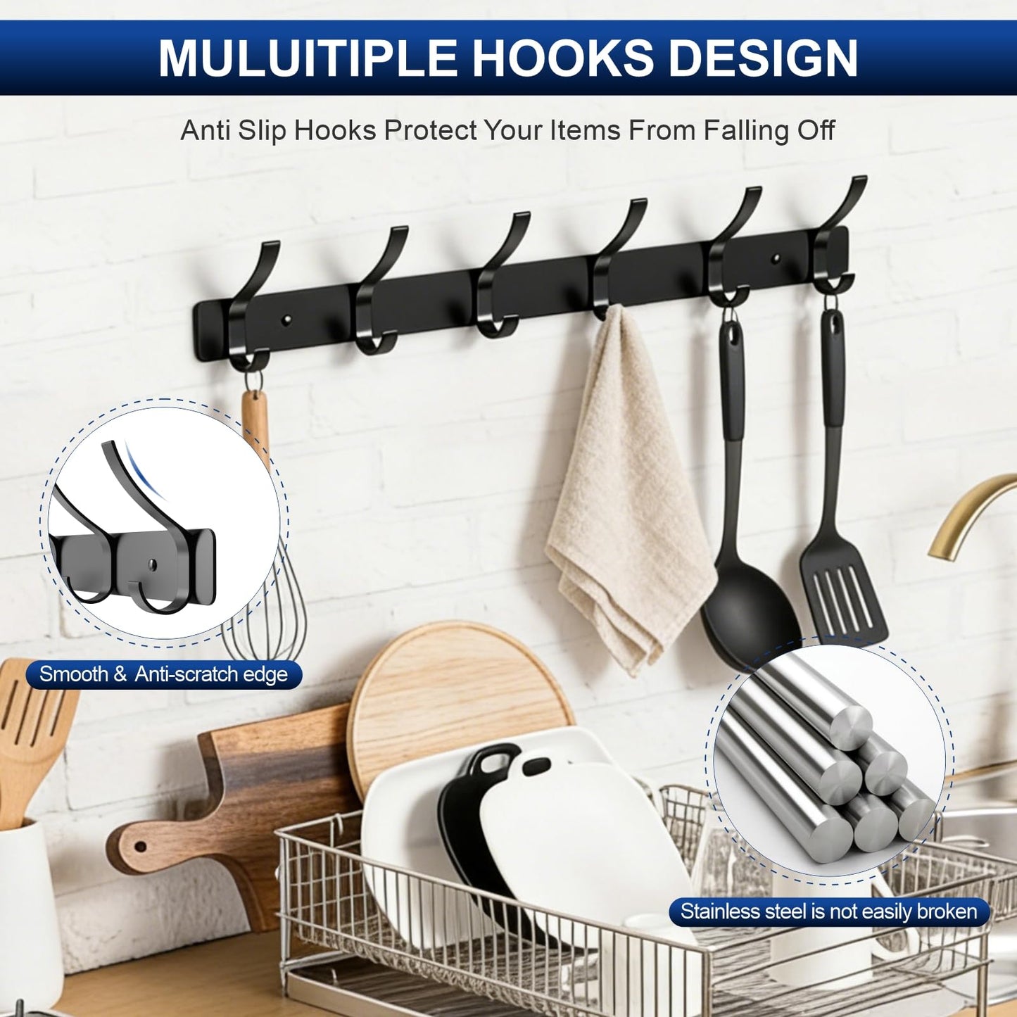 ZBDPOVT Wall Mounted Coat Rack, 6 Hooks for Hanging Clothes, Black, 2-Pack