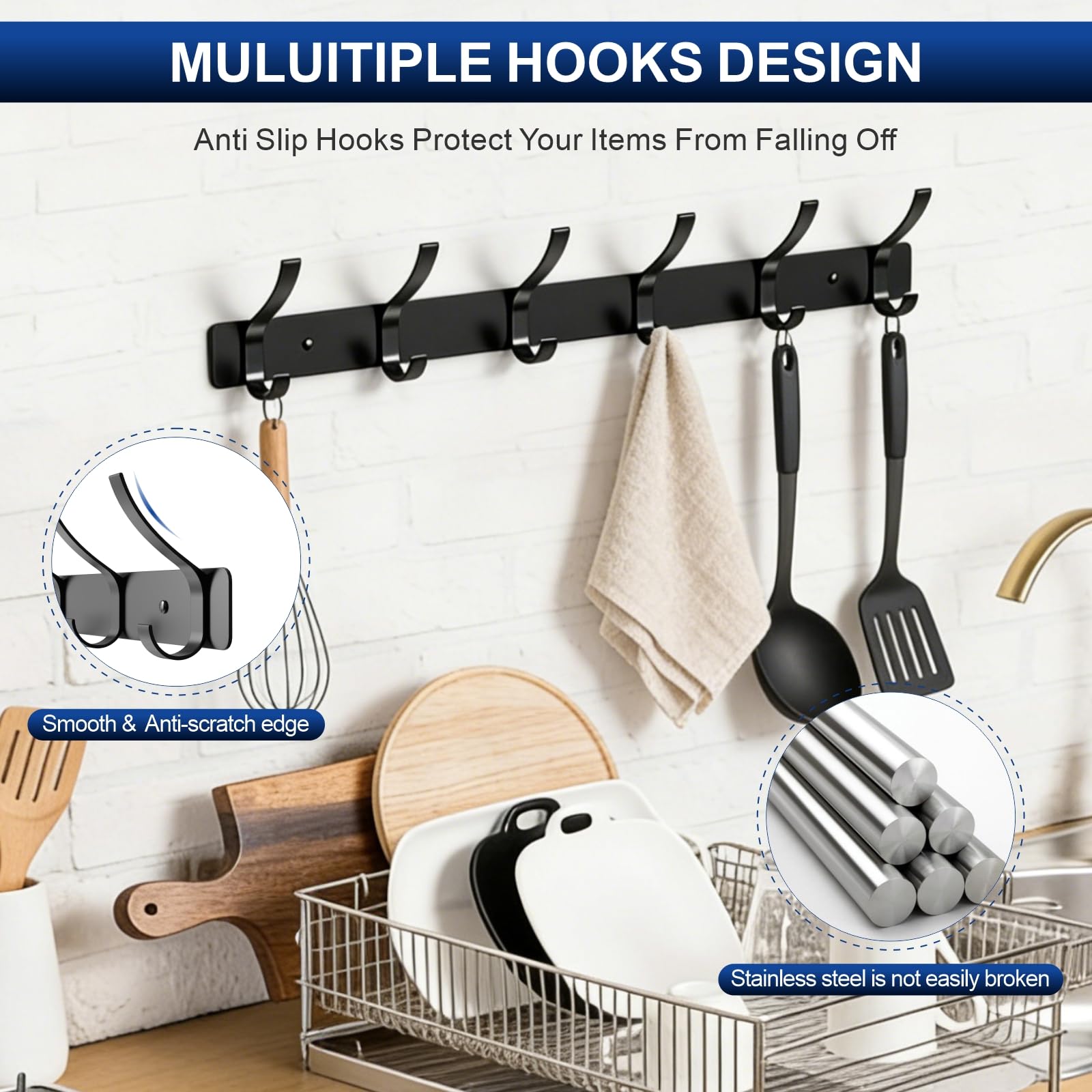 ZBDPOVT Wall Mounted Coat Rack, 6 Hooks for Hanging Clothes, Black, 2-Pack