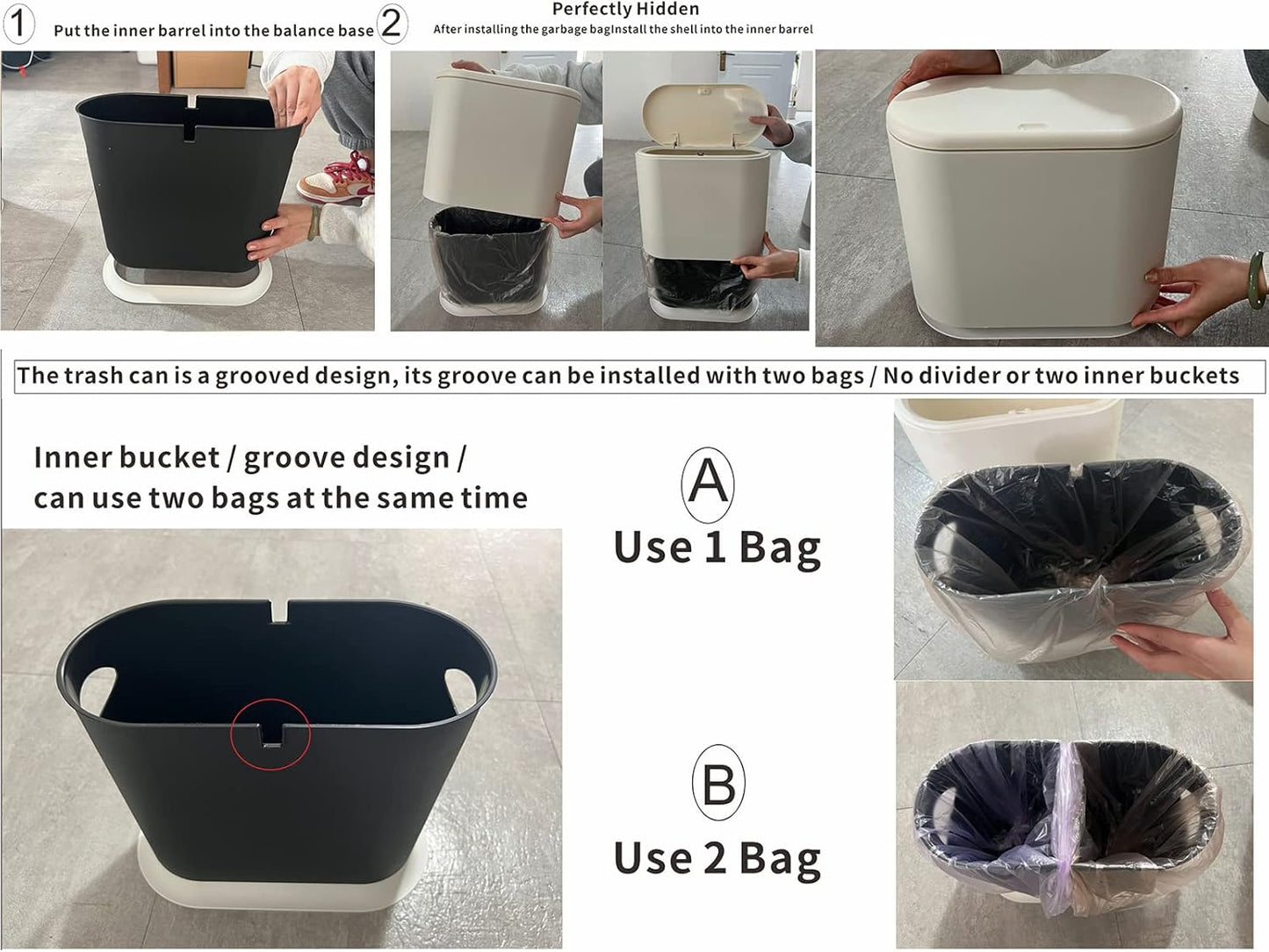 White Slim Bathroom Trash Can with Press Top Lid,12 Liter Small Thin Garbage Can,3.17 Gallon Narrow Dog Proof Plastic Waste Basket and Covered Wastebasket for Room,Bedroom,Kitchen,Toilet,Office,Dorm