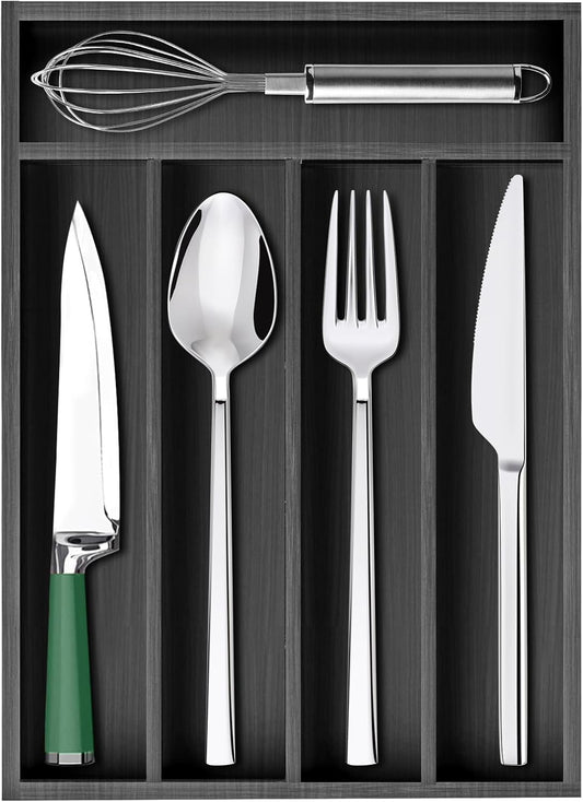 Small Silverware Organizer Utensil Tray 13"x9" Kitchen Drawer Organizers and Storage Wooden Utensil Holder Drawers Divider Narrow Black Cutlery Tray for Spoon Forks Bamboo Flatware Cutlery Organizer