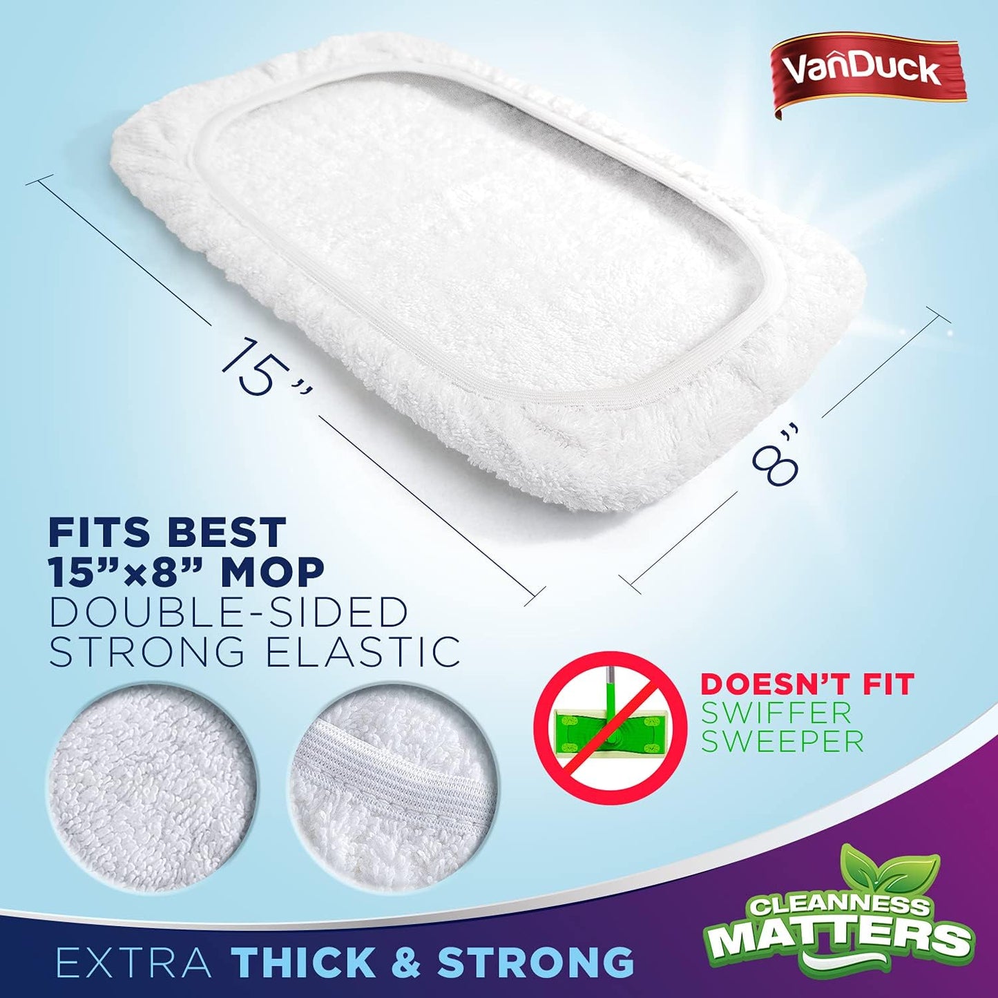 VanDuck 100% Cotton Terry Mop Pads 15x8 Inches 3-Pack, Terry Cloth Mop Covers (Handle is Not Included)