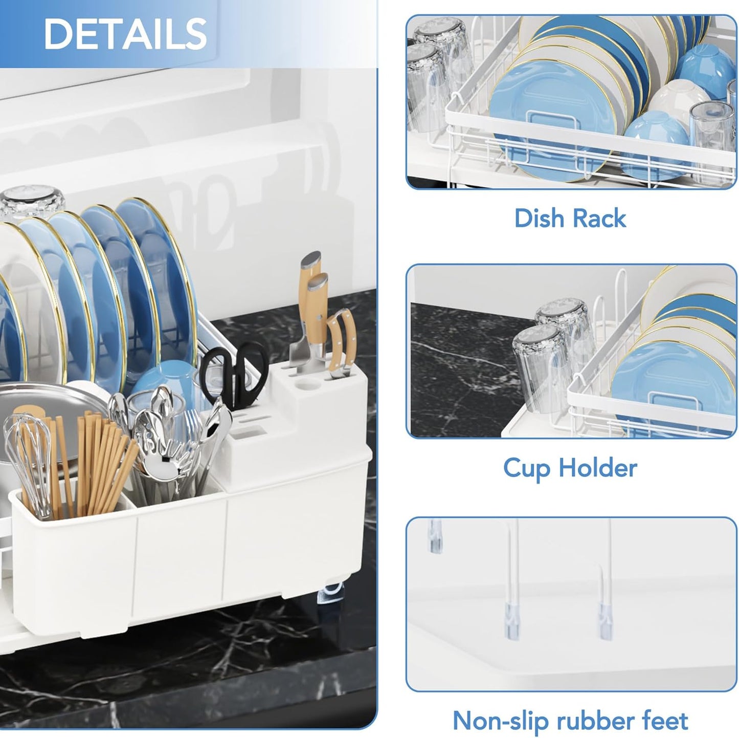 ROTTOGOON Expandable Dish Drying Rack,Multifunctional Adjustable Dish Drainer with Swivel Spout and Anti-Rust Dish Rack with Removable Cutlery & Cup Holders for Kitchen Counter,White