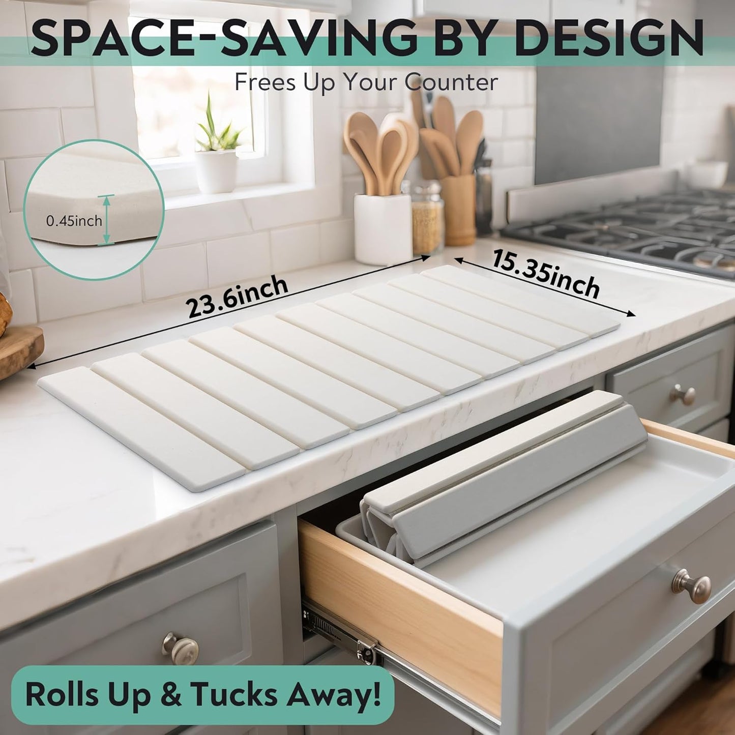 Large Stone Drying Mat for Kitchen Counter, 24x16 Foldable Self Stone Dish Drying Mat, Absorbent Food Grade Diatomaceous Earth Dish Dry Mats for Sink Bathtub