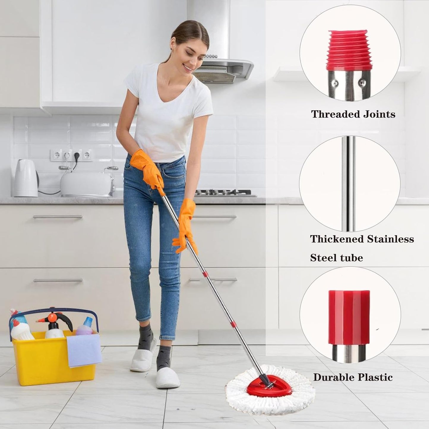 Spin Mop Replacement Handle, 4-Section 30-to-58 inch Mop Replacement Stick Compatible with Ocedar Mop Handle for Easy Wring Mop Refills, Germany Screw Joint (Red 2 Pack)