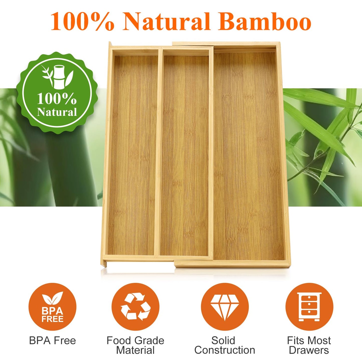 Large Bamboo Kitchen Utensil Drawer Organizer Expandable Silverware Tray