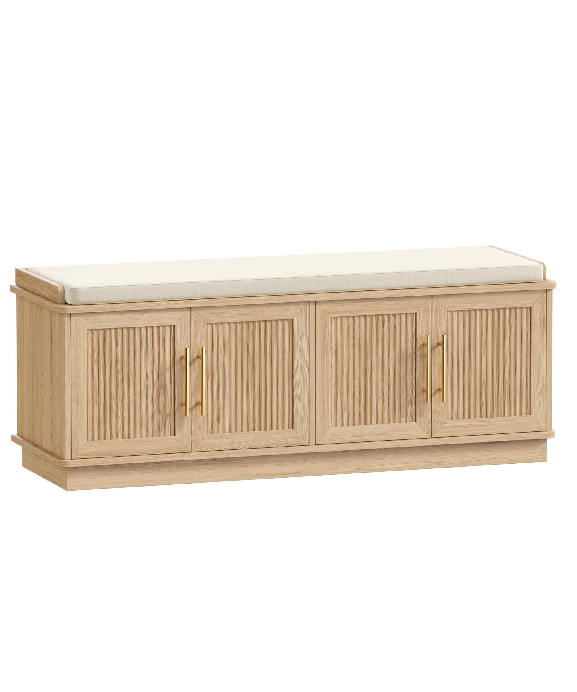 Akxomel 47.2" Fluted Shoe Storage Bench 4 Doors Wooden Entryway Bench Oak