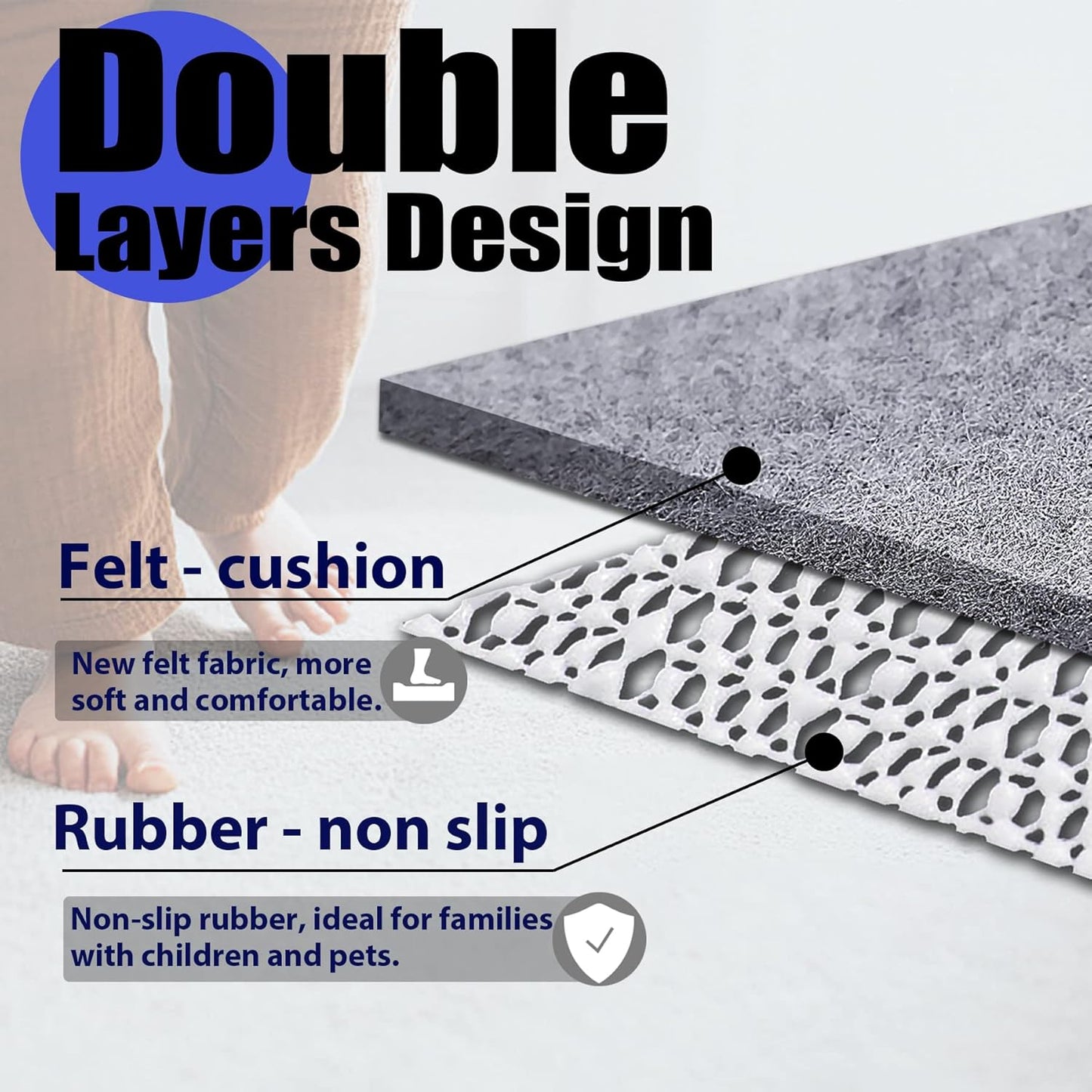 Non Slip Rug Pad Grippers - 2x10, 1/4" Thick, Felt + Rubber Double Layers Area Carpet Mat Tap