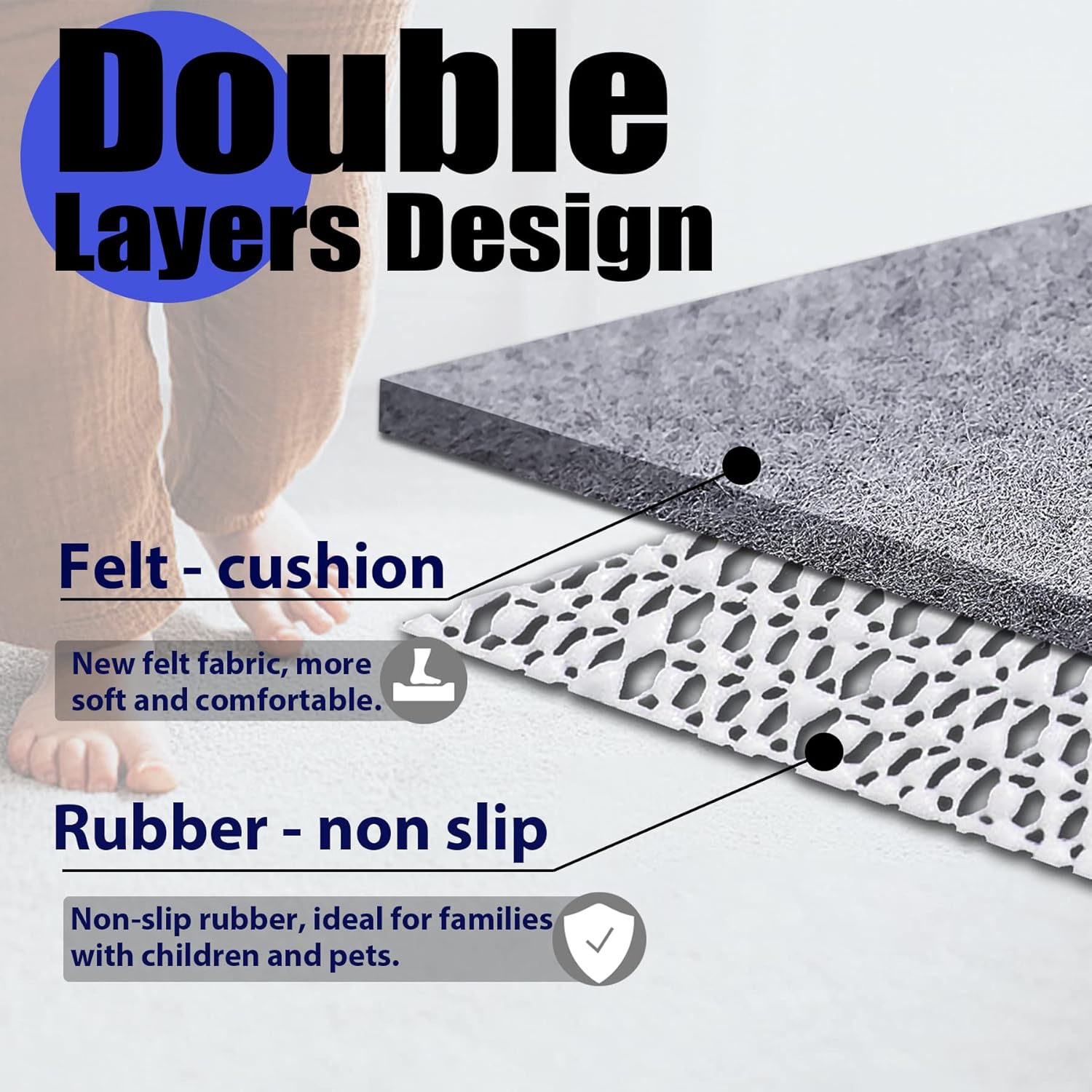 Non Slip Rug Pad Grippers - 2x10, 1/4" Thick, Felt + Rubber Double Layers Area Carpet Mat Tap