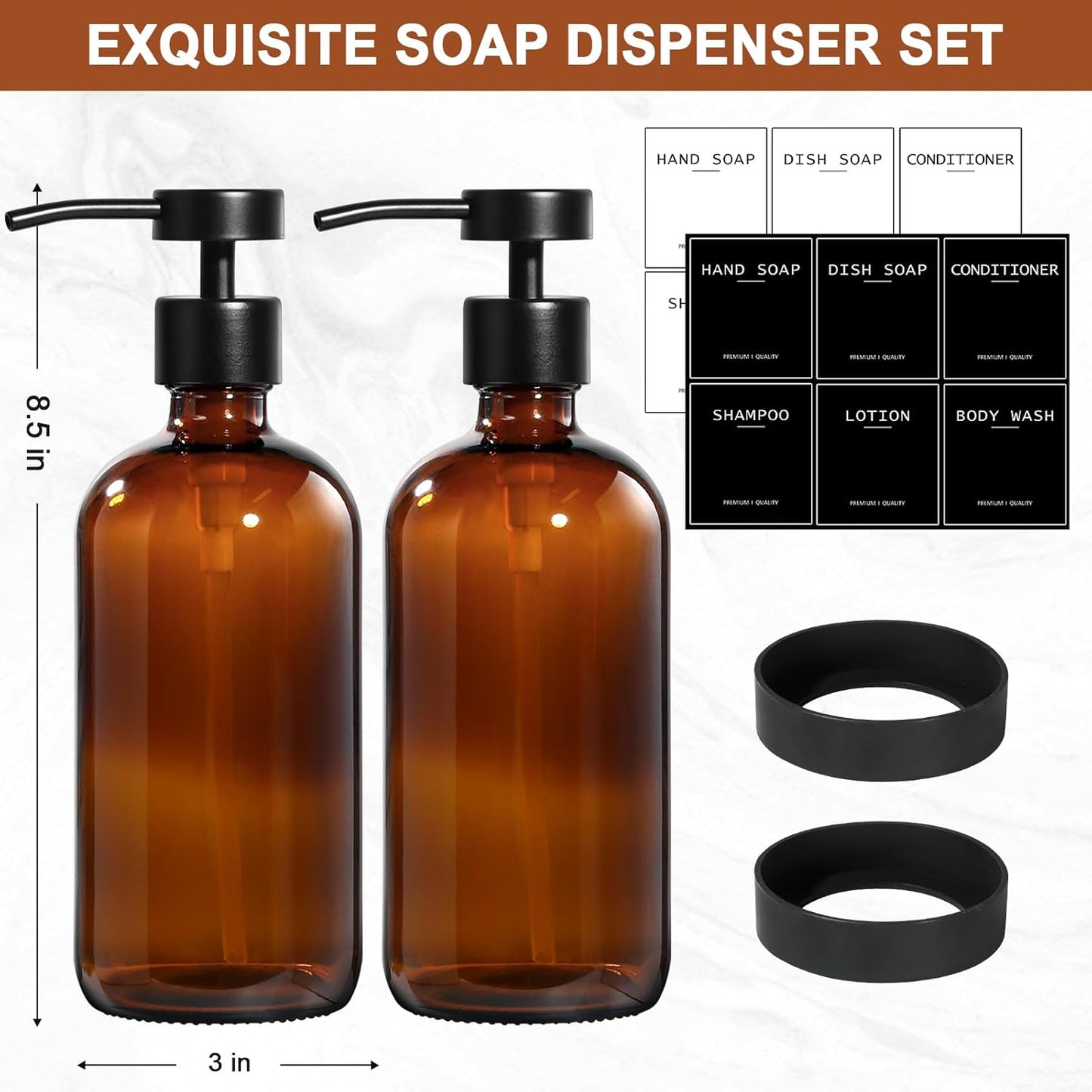 Amber Glass Soap Dispenser 2 Pack, Hand Soap Dispenser Bathroom with Stainless Steel Pump, 16.9 Fl oz Hand and Dish Soap Dispensers Set Kitchen, Modern Brown Soap Lotion Dispensers Bottle