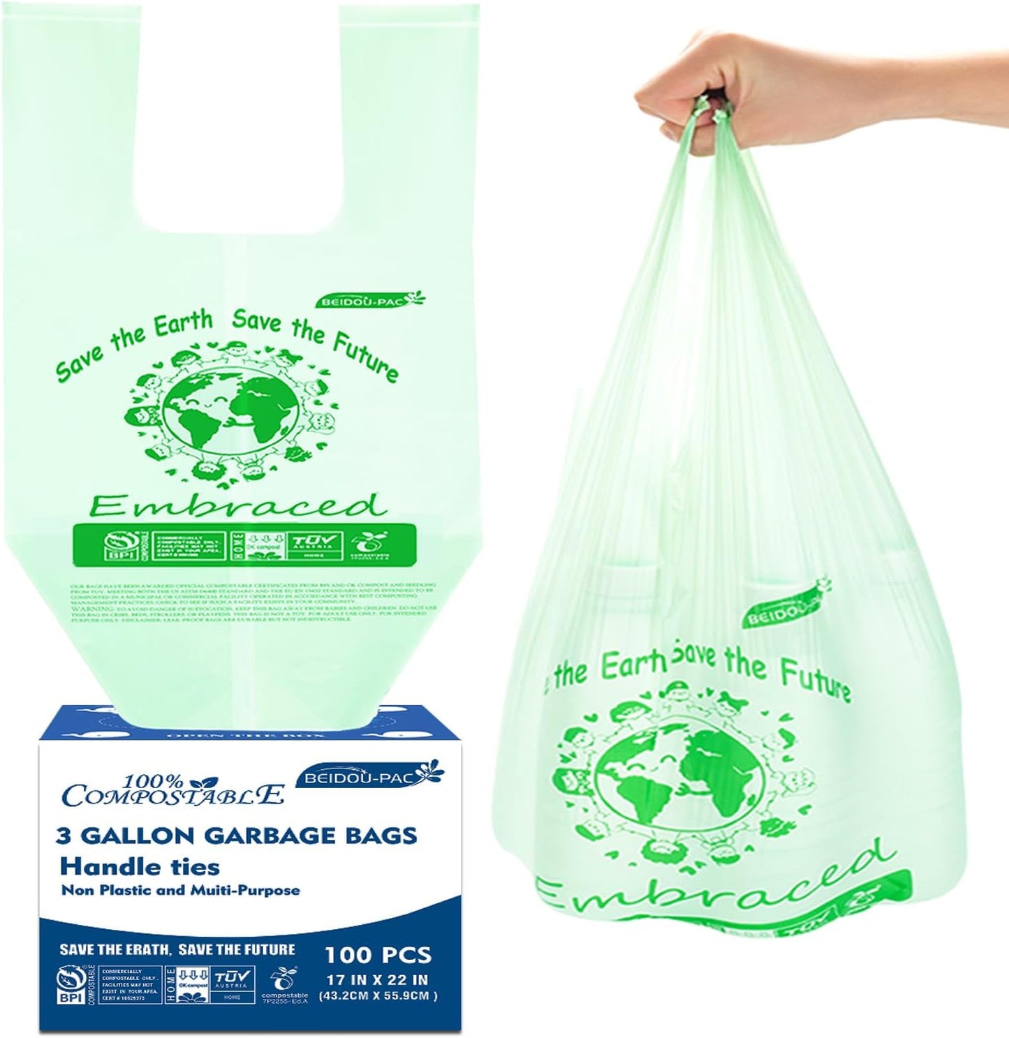 100% Compostable Trash Bags, 3 Gallon Compost Bags Small Kitchen Trash Bags with Handle, 100 Count Sturdy Biodegradable Garbage Bags Food Scrap Waste Bags, ASTM D6400, US BPI Certified