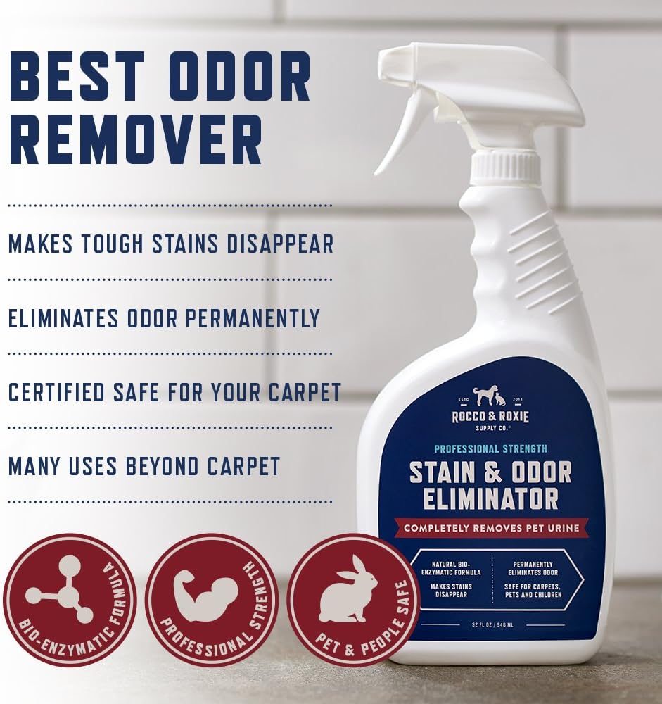 Rocco & Roxie Supply Co. Stain & Strong Odor Eliminator, Enzyme Cleaner, Pet Odor Eliminator for Home - Carpet Stain Remover for Cats & Dog Pee - Urine Destroyer - Carpet Cleaner Spray Clear, 32 Fl Oz