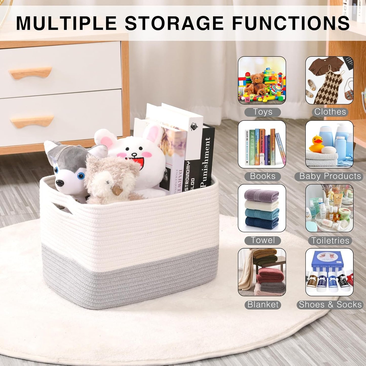 Storage Baskets for Organizing Shelves, Woven Cotton Rope Bins for Baby Nursery Organization, Book Toy Towel Organizer, 15"x11"x9.5", 3 Packs, Off White & Grey