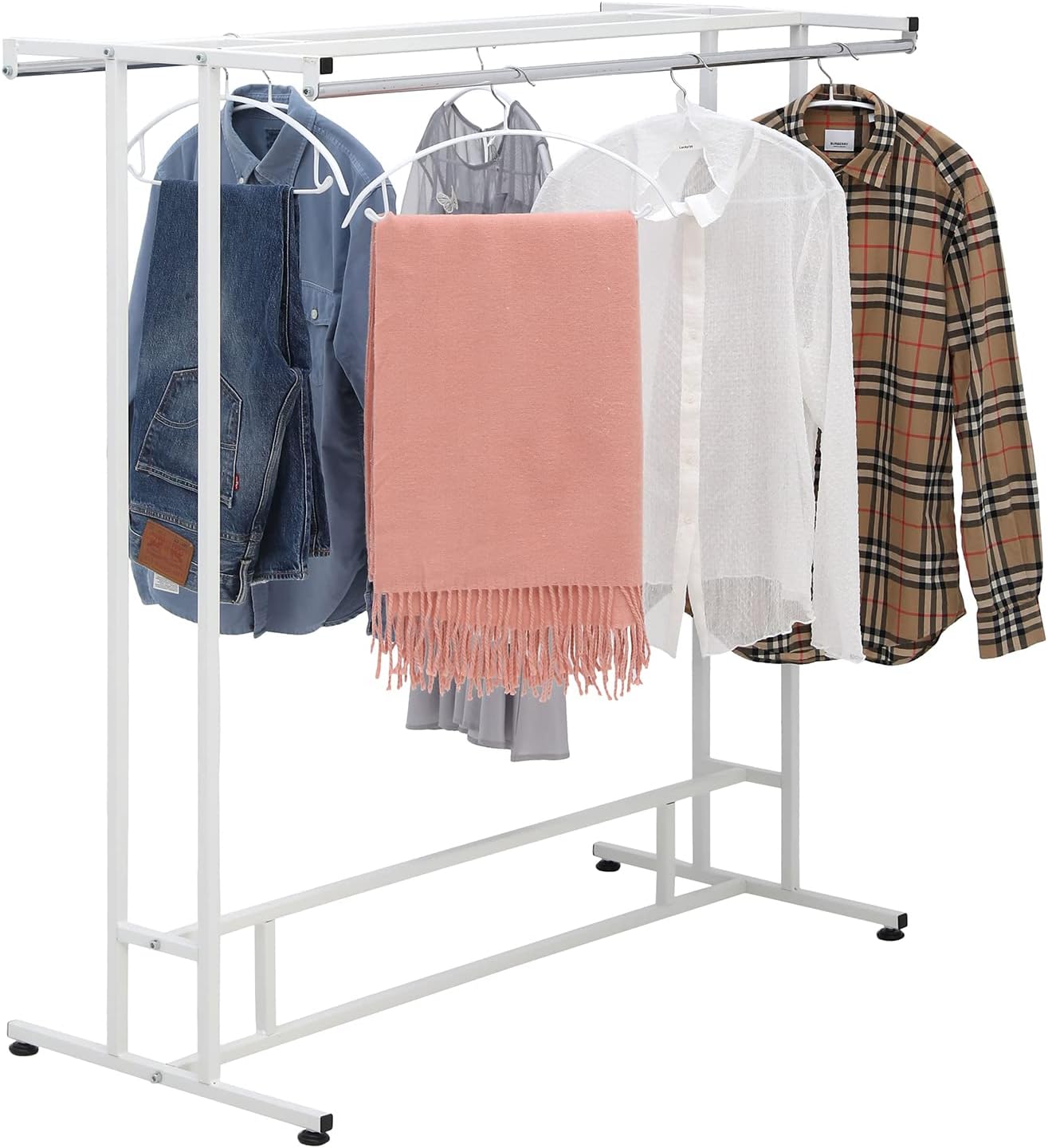 MyGift White Stainless Steel Freestanding Garment Rack, Heavy Duty Double Rod Clothes Rack Clothing Hanger Stand with Storage Display Shelf