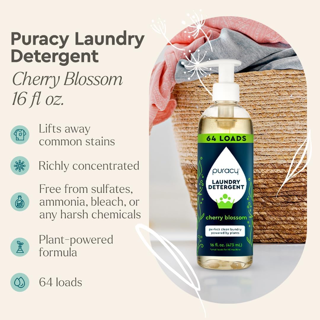 Puracy Laundry Detergent - Enzyme-Powered Liquid Laundry Detergent Concentrate, Natural LaundryDetergent Seen on TikTok, Non-Toxic (Cherry Blossom, 16 fl oz, 64 Loads)